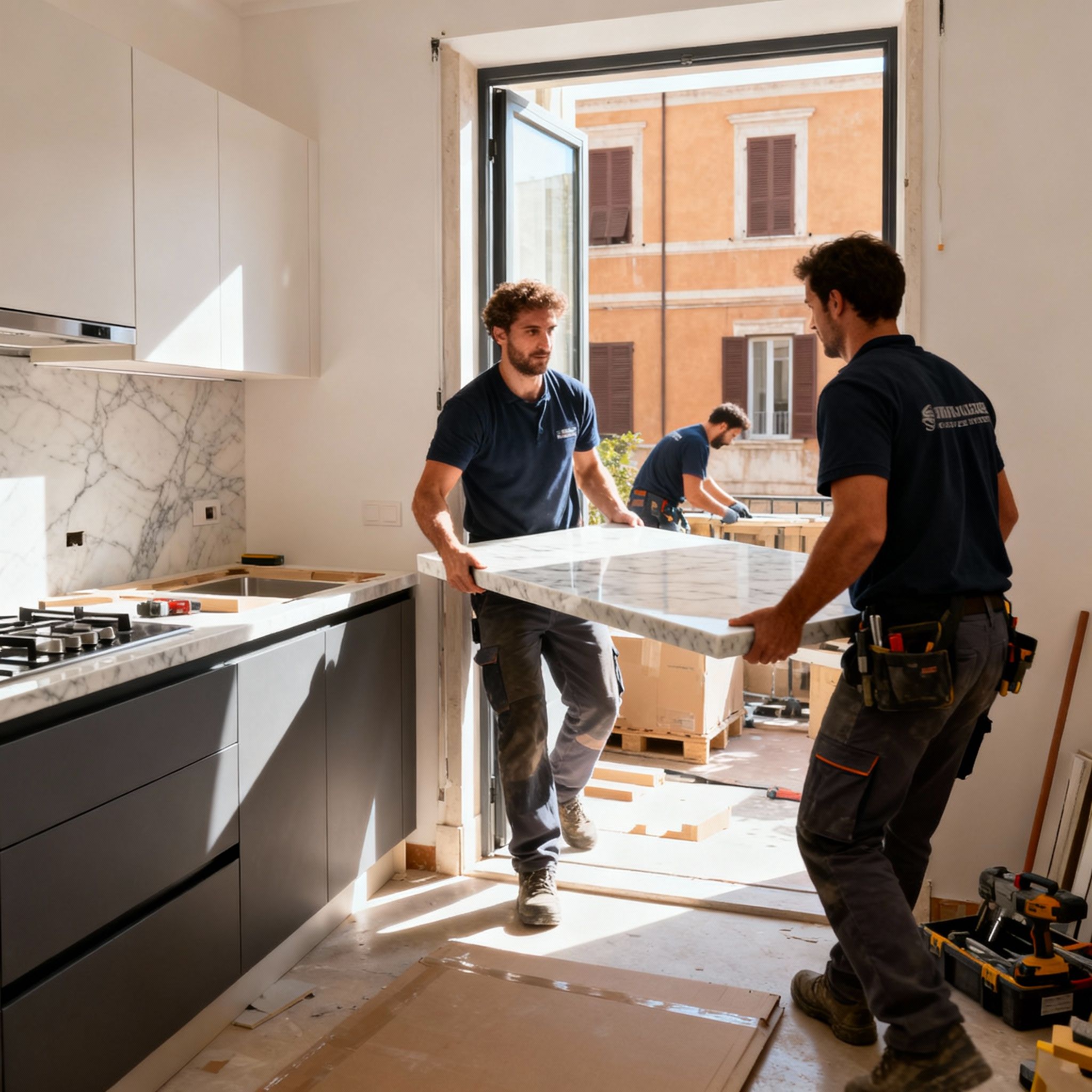 Ditta Montaggio cucina Roma: il team di montatori esperti trasporta con cura il top di una cucina durante l'installazione.
