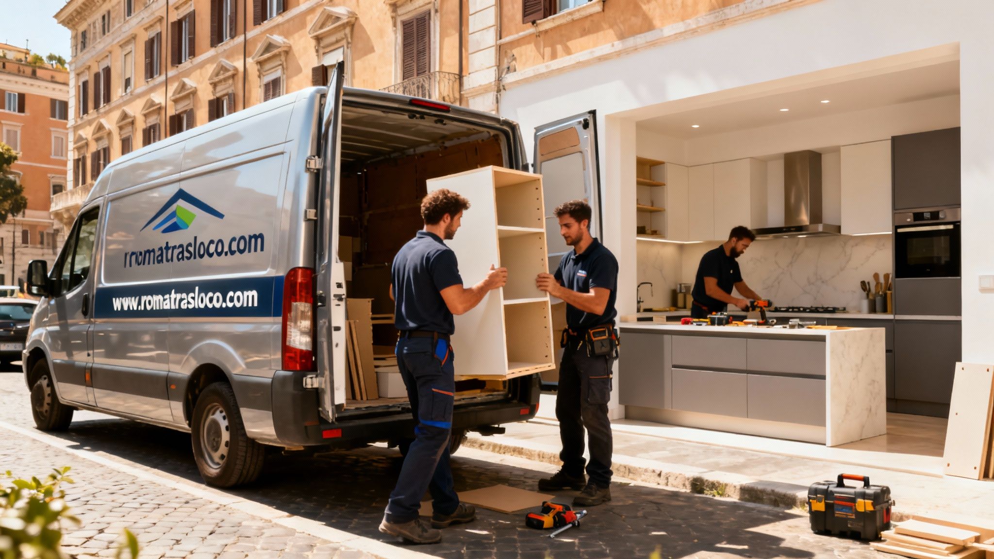 Ditta Montaggio cucina Roma: squadra di professionisti scarica componenti di una cucina da un furgone brandizzato Roma Trasloco.