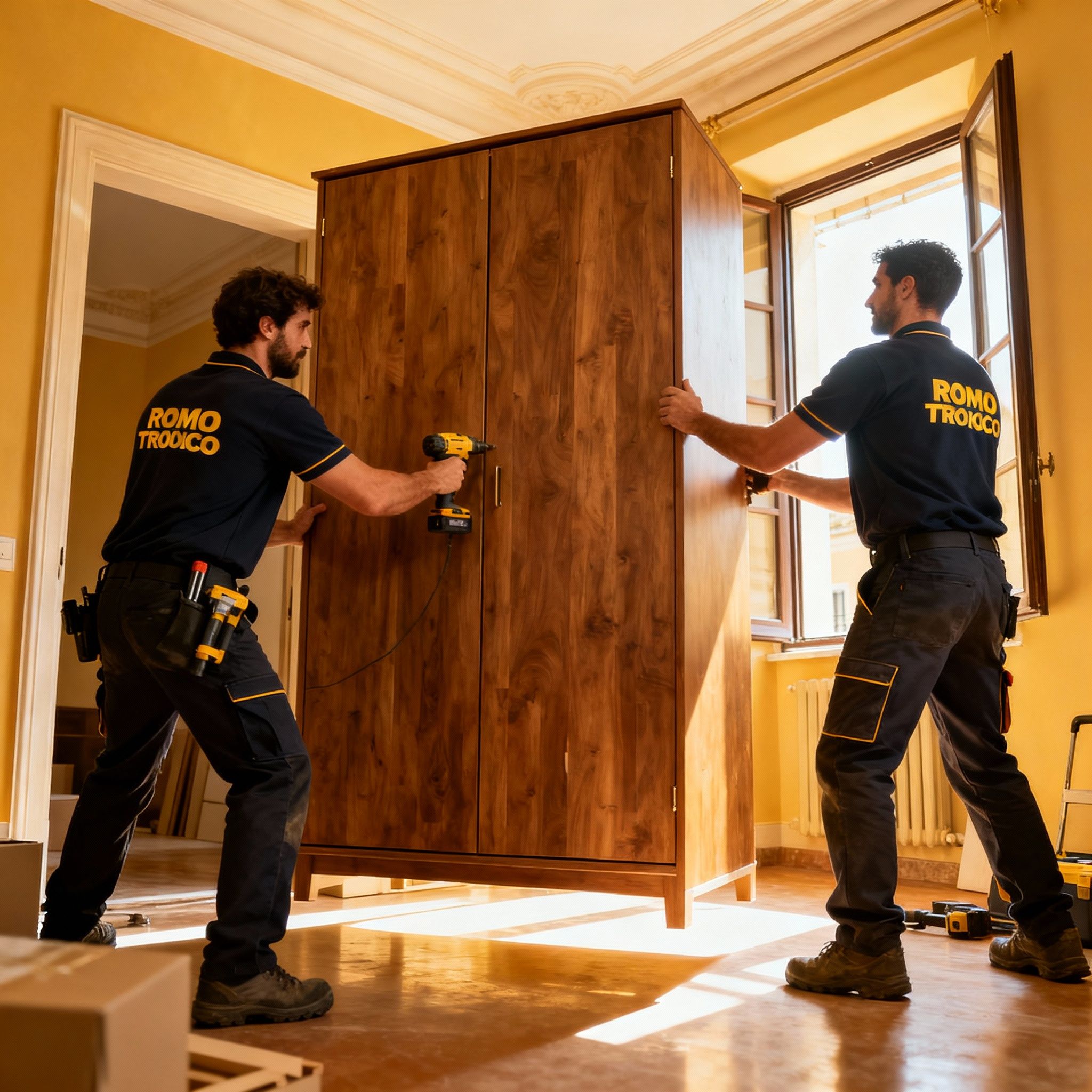 Ditta Montaggio mobili Roma - team di montatori esperti che collaborano con precisione durante il servizio.