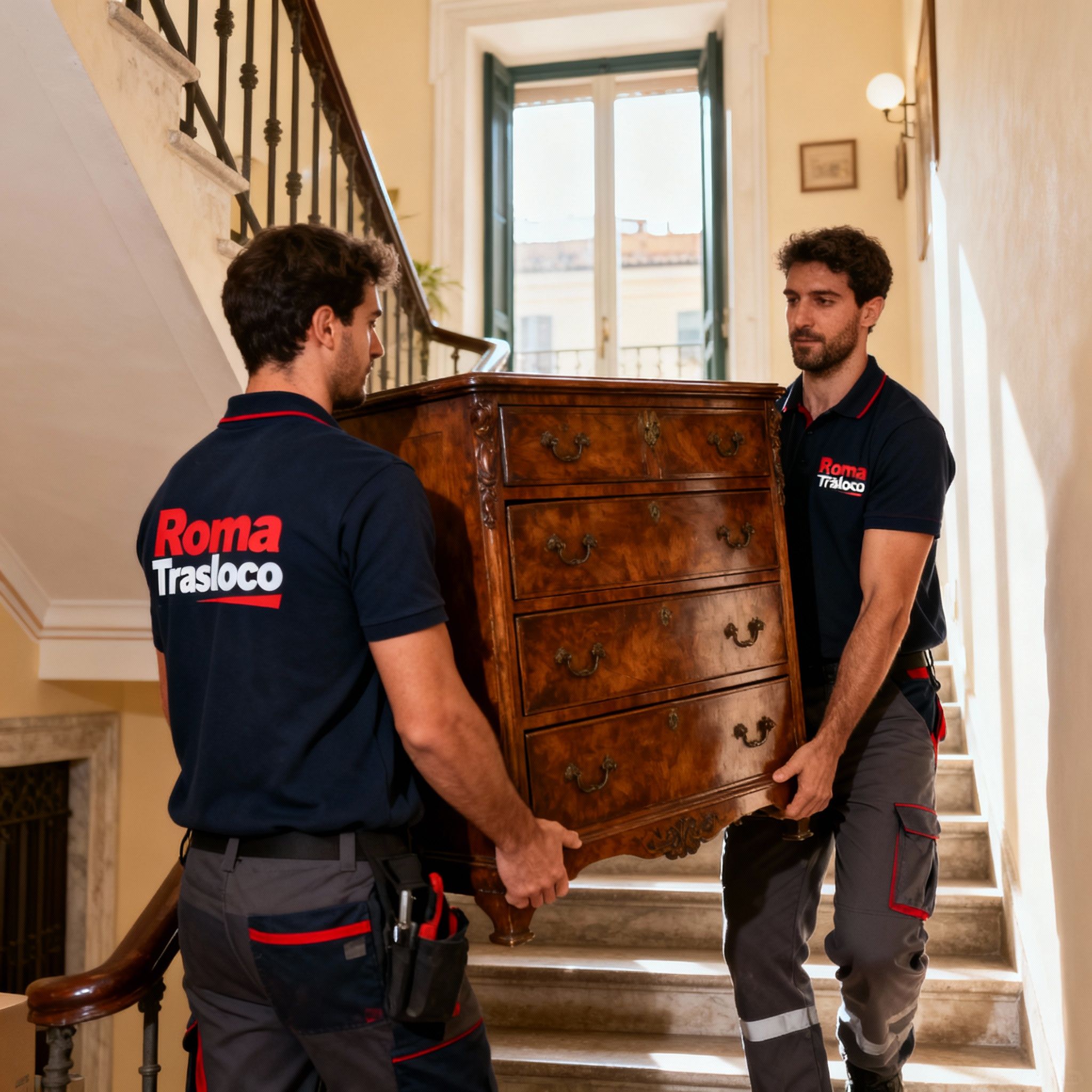 Ditta Smontaggio mobili Roma: team di traslocatori esperti che trasportano un divano con cura lungo le scale di un palazzo.