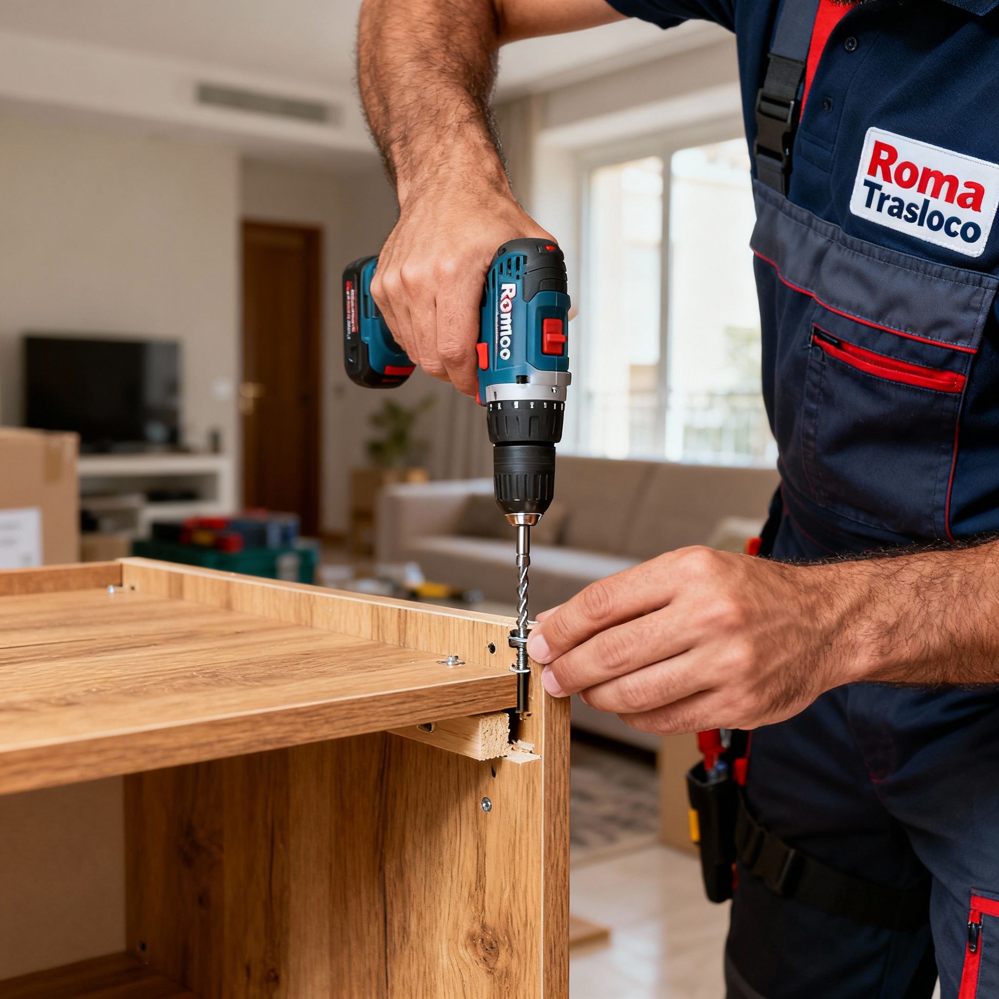 Ditta Smontaggio mobili Roma: dettaglio delle mani di un tecnico che smonta con precisione un'anta di un mobile di legno.