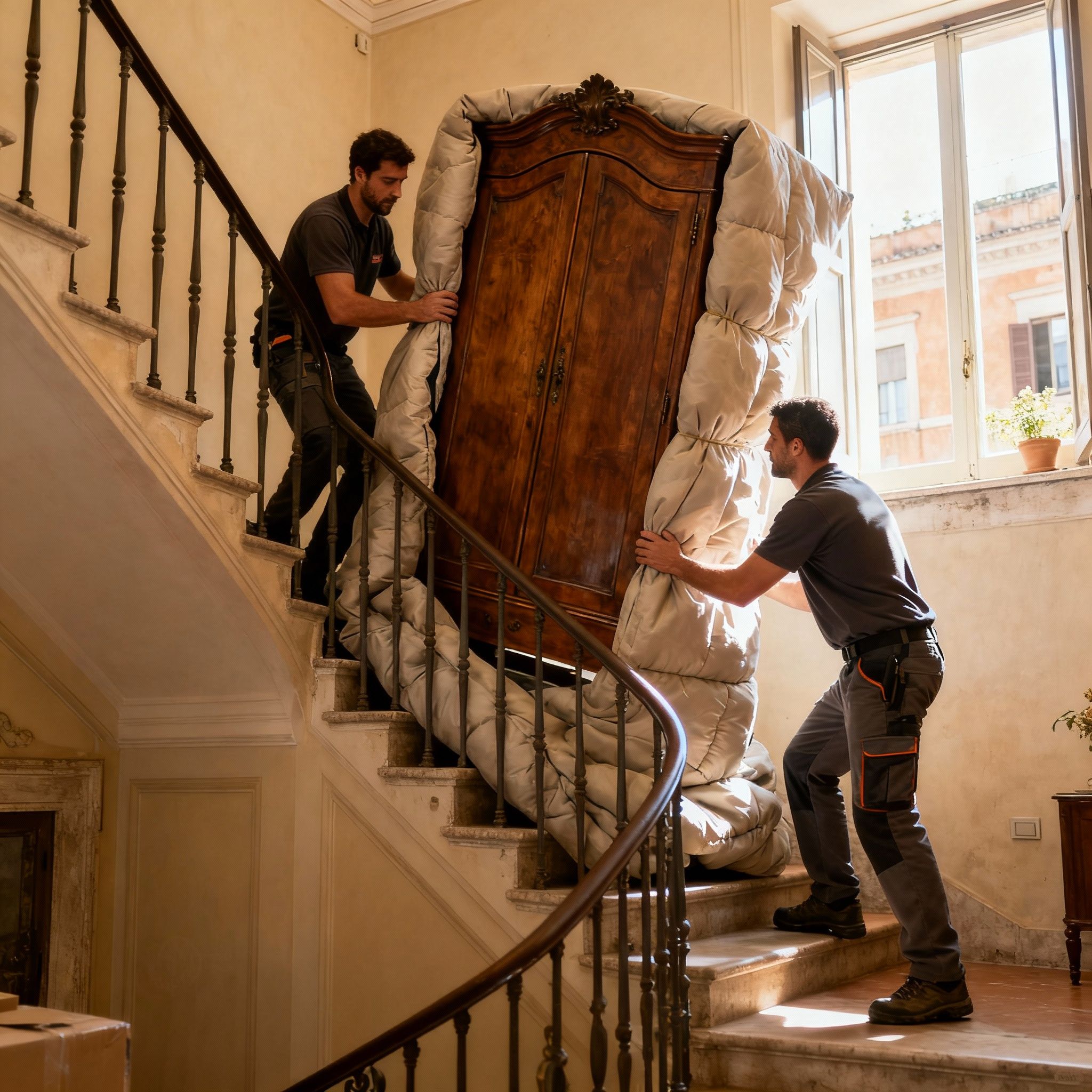 Imballaggio mobili Roma - Team di traslocatori esperti sposta un armadio antico imballato in modo sicuro sulle scale di un palazzo.