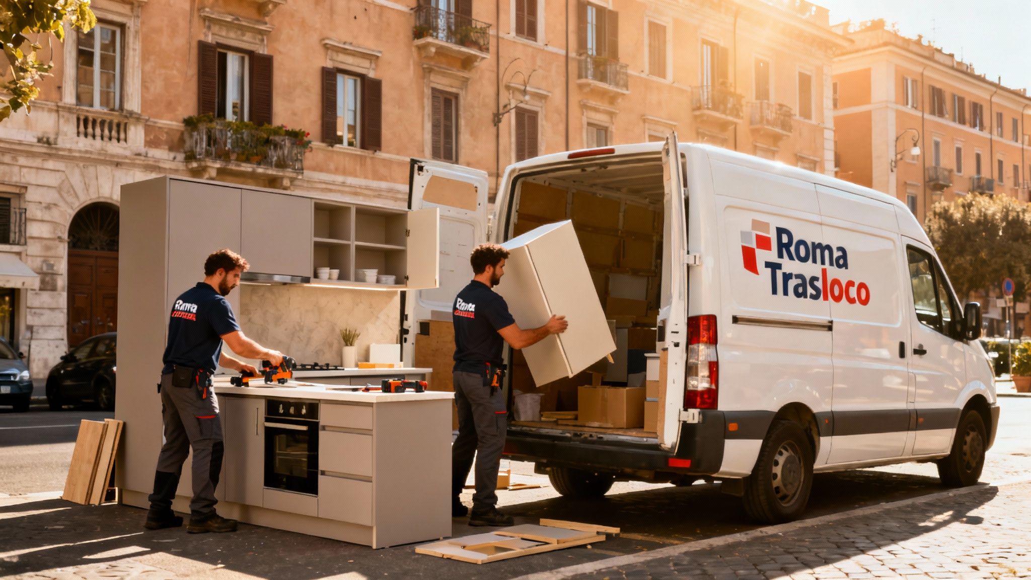 Montaggio cucina Roma: il team di Roma Trasloco scarica con cura i componenti in una via storica della capitale.