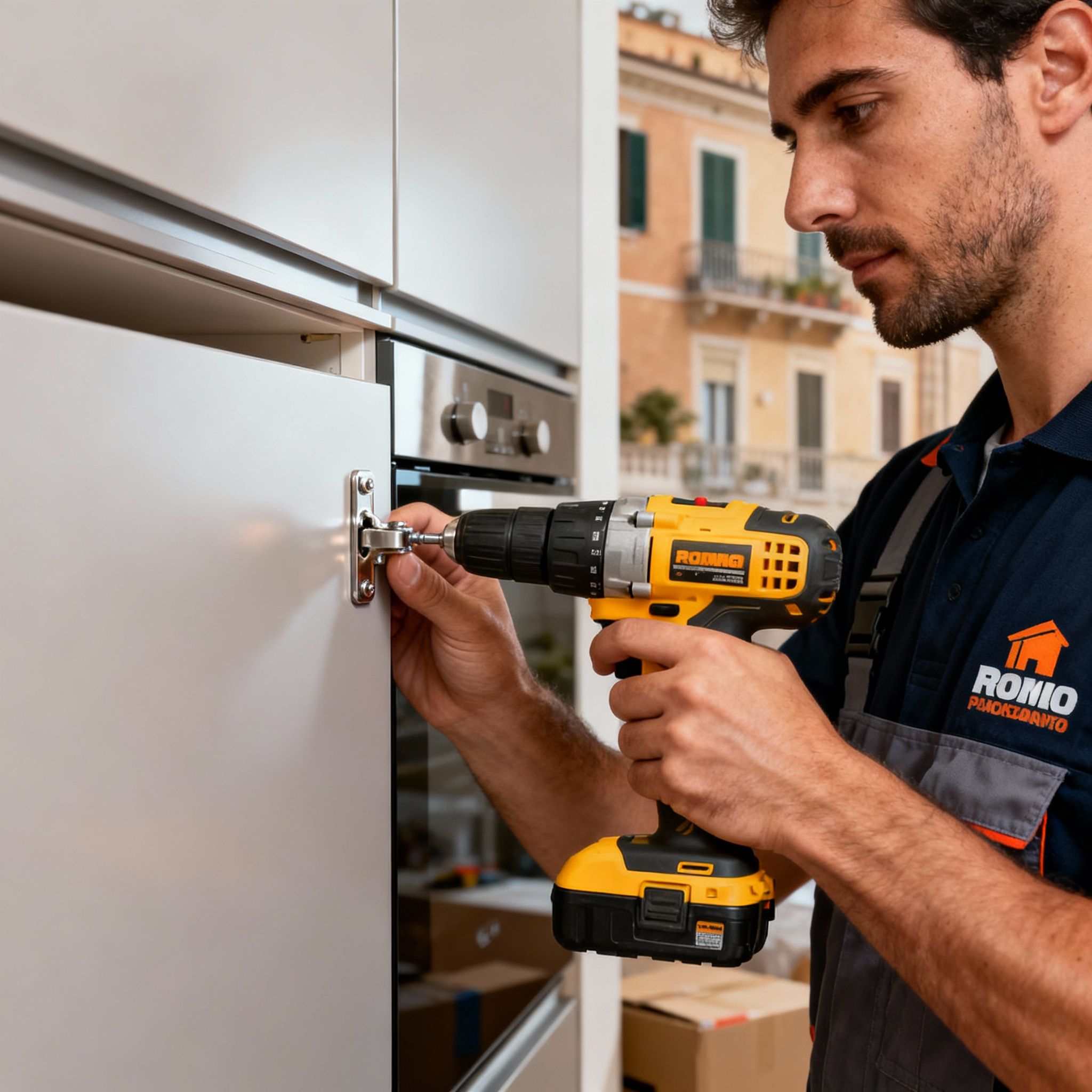 Dettaglio montaggio cucina Roma: montatore professionista installa con precisione le ante di un pensile nuovo.