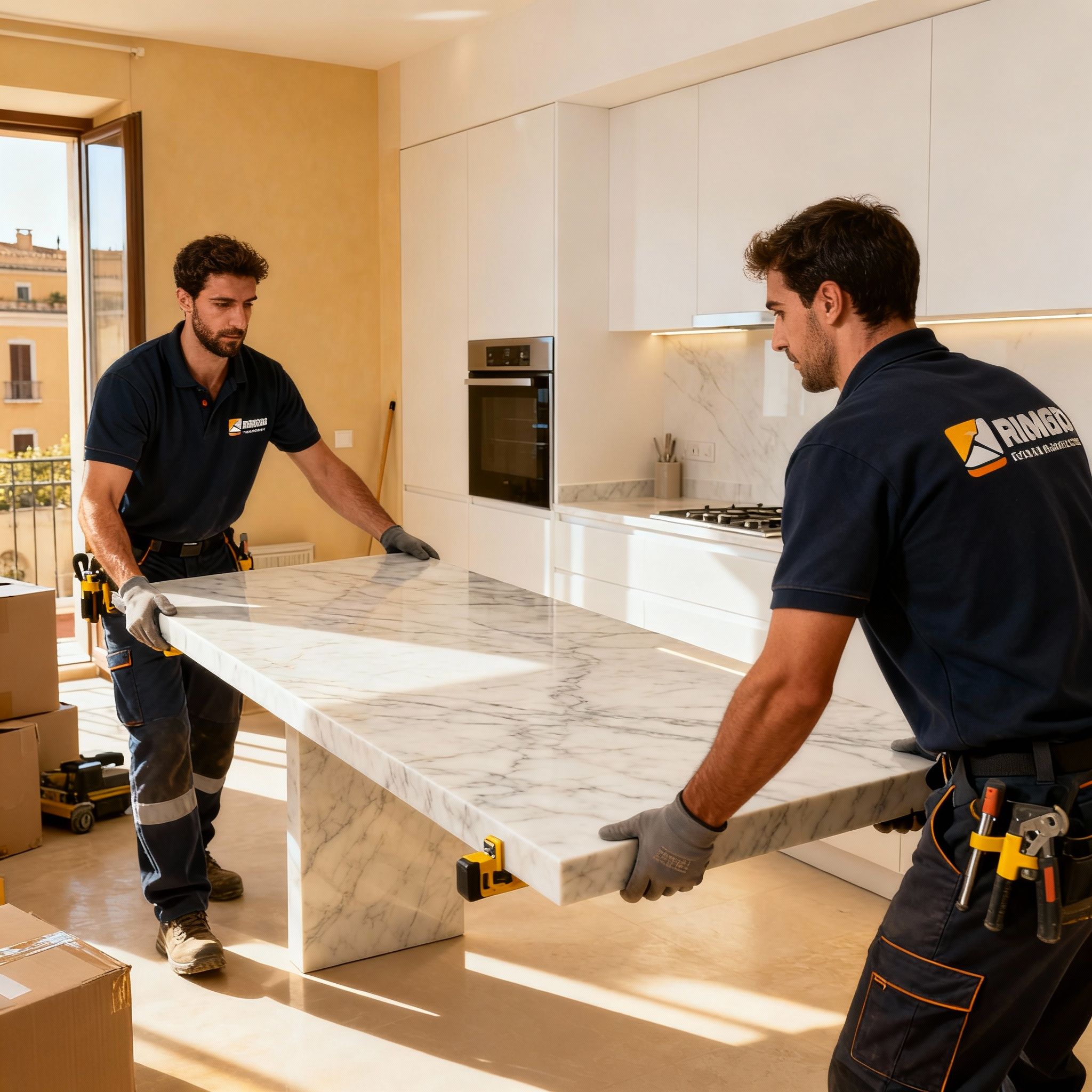 Montaggio cucina Roma: squadra di montatori esperti posiziona con precisione il top della cucina in un appartamento.