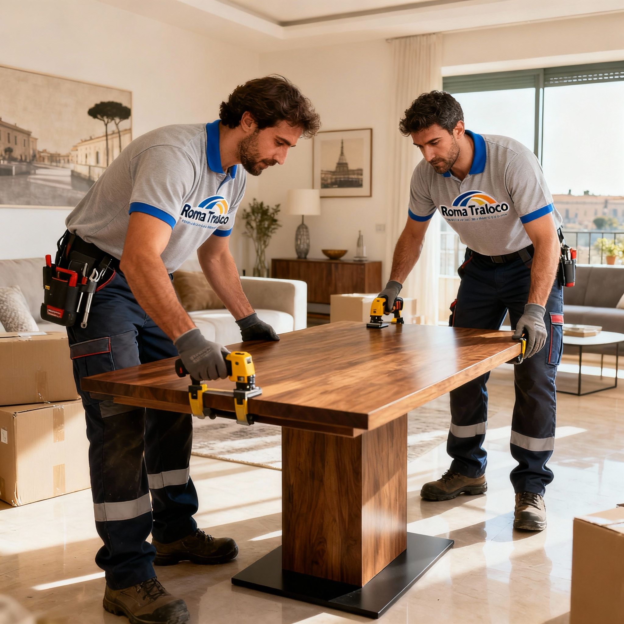 Montaggio mobili Roma - due montatori professionisti collaborano con precisione ed esperienza.