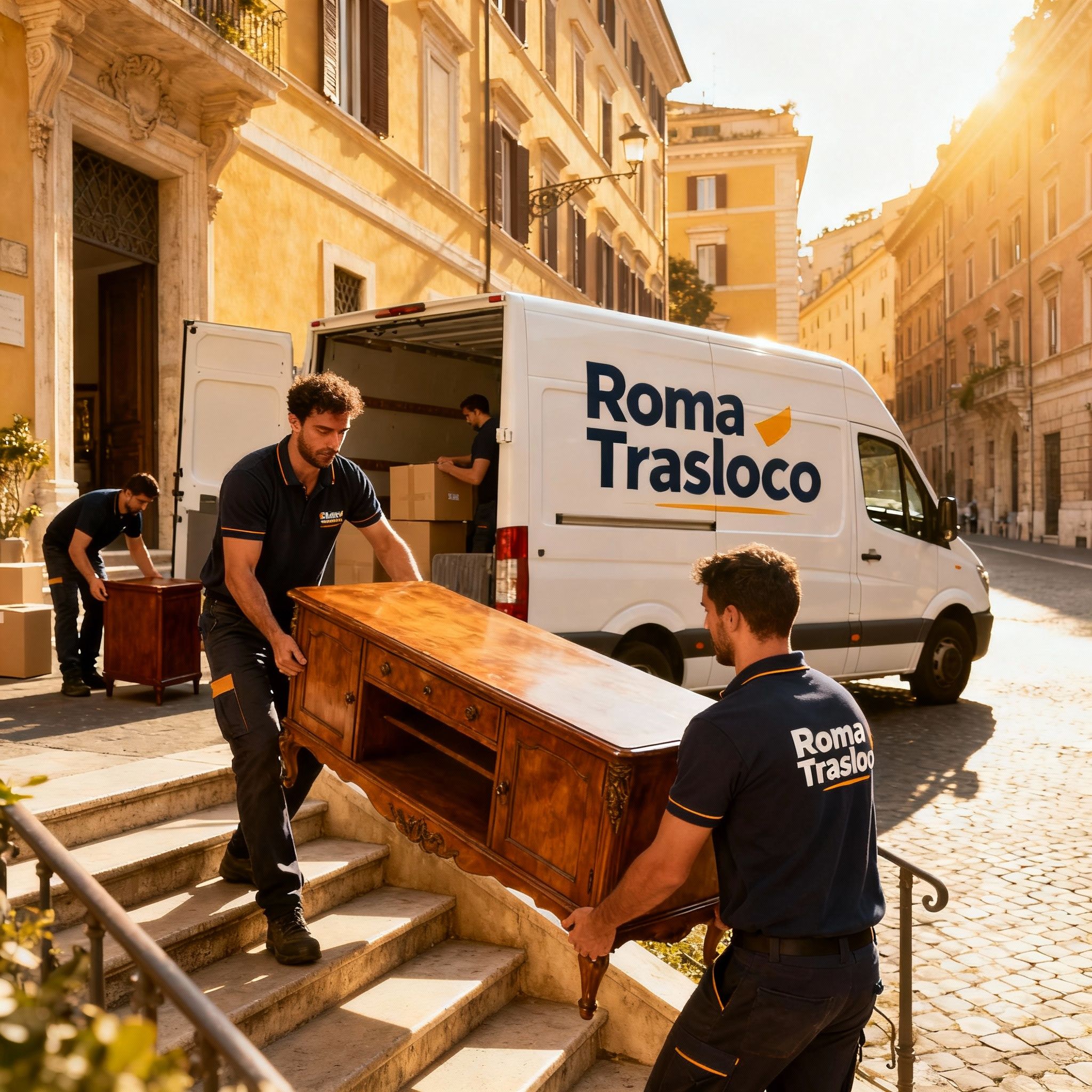 Piccoli traslochi Roma - team di traslocatori professionisti che collaborano con precisione nel trasportare un mobile.