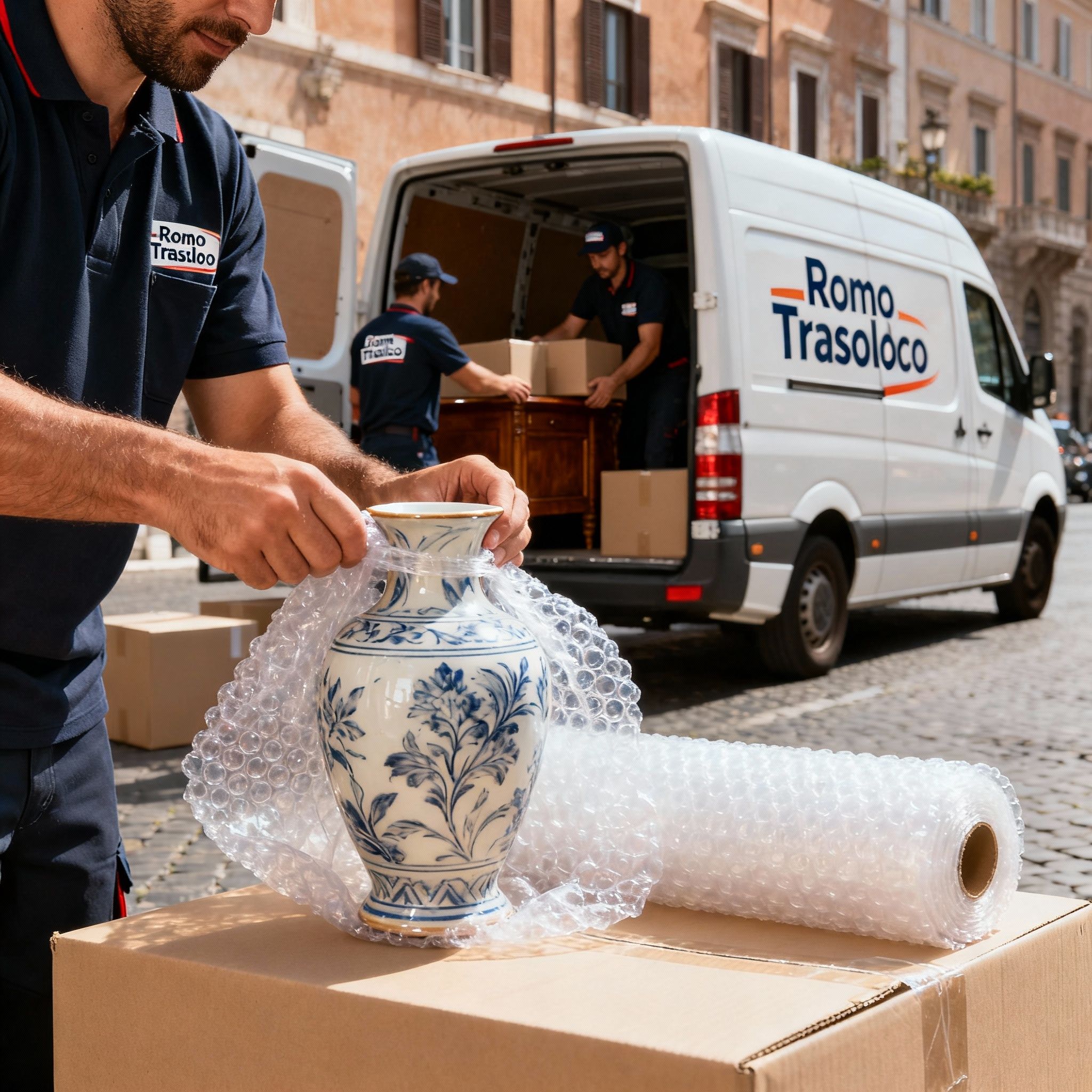 Piccoli traslochi Roma - dettaglio delle mani di un operatore che imballano con cura un oggetto fragile.