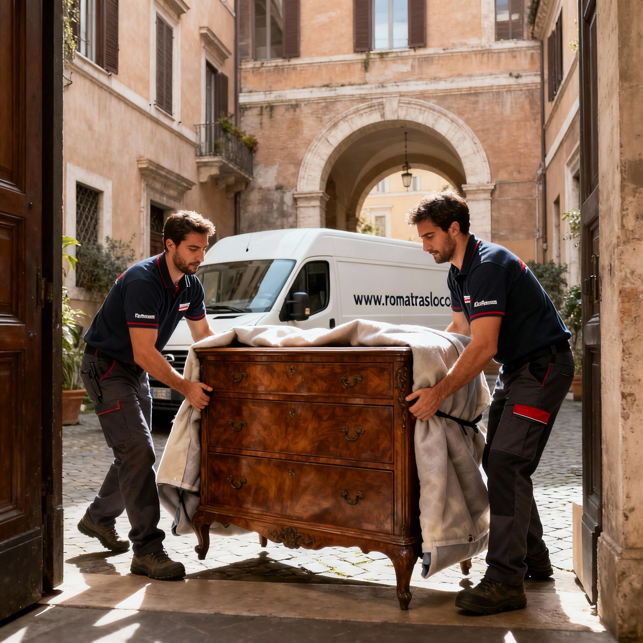 Quartiere Borgo: team di traslocatori esperti trasporta con cura un mobile antico in un cortile storico.