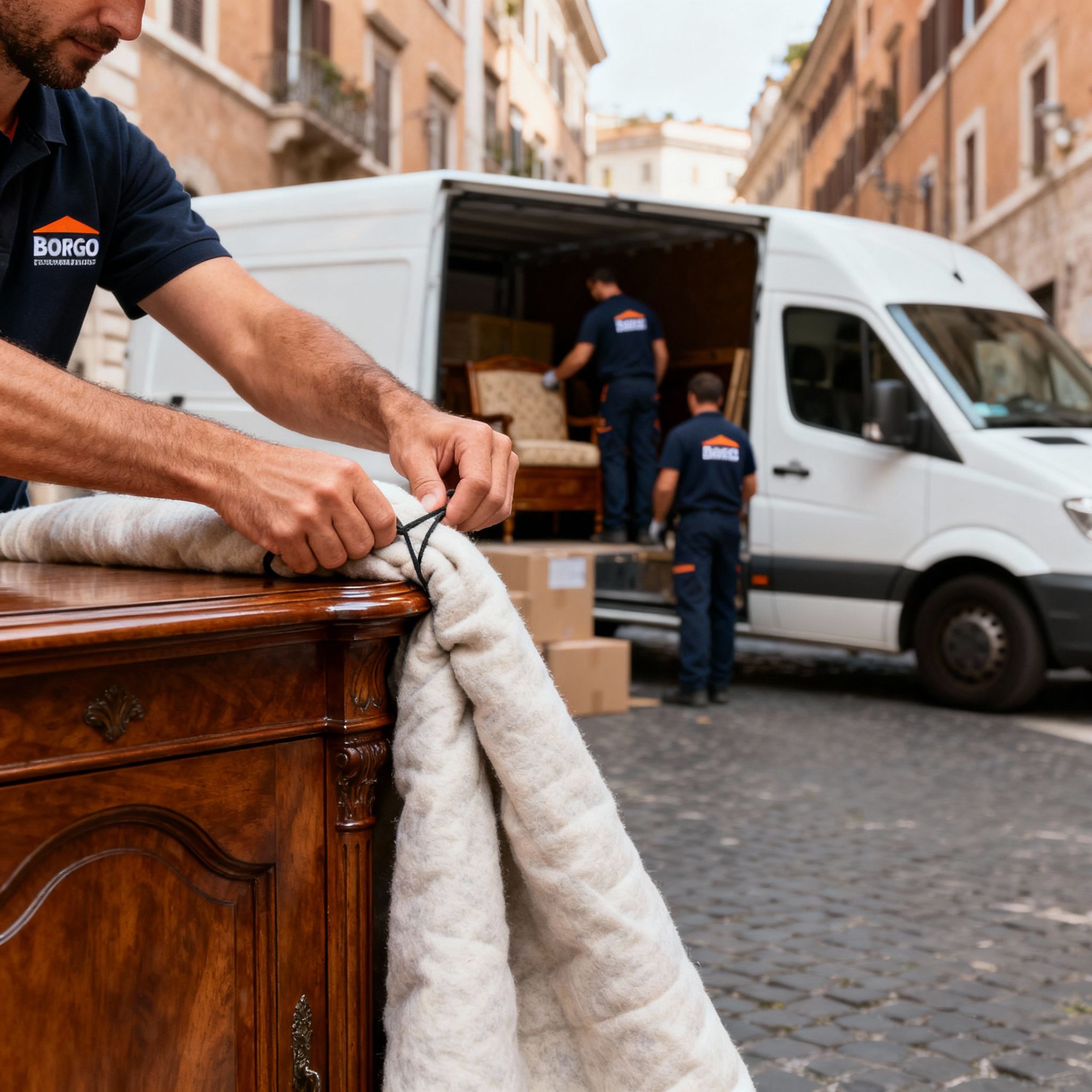 Quartiere Borgo: dettaglio della protezione di un mobile con coperte professionali durante il trasloco.