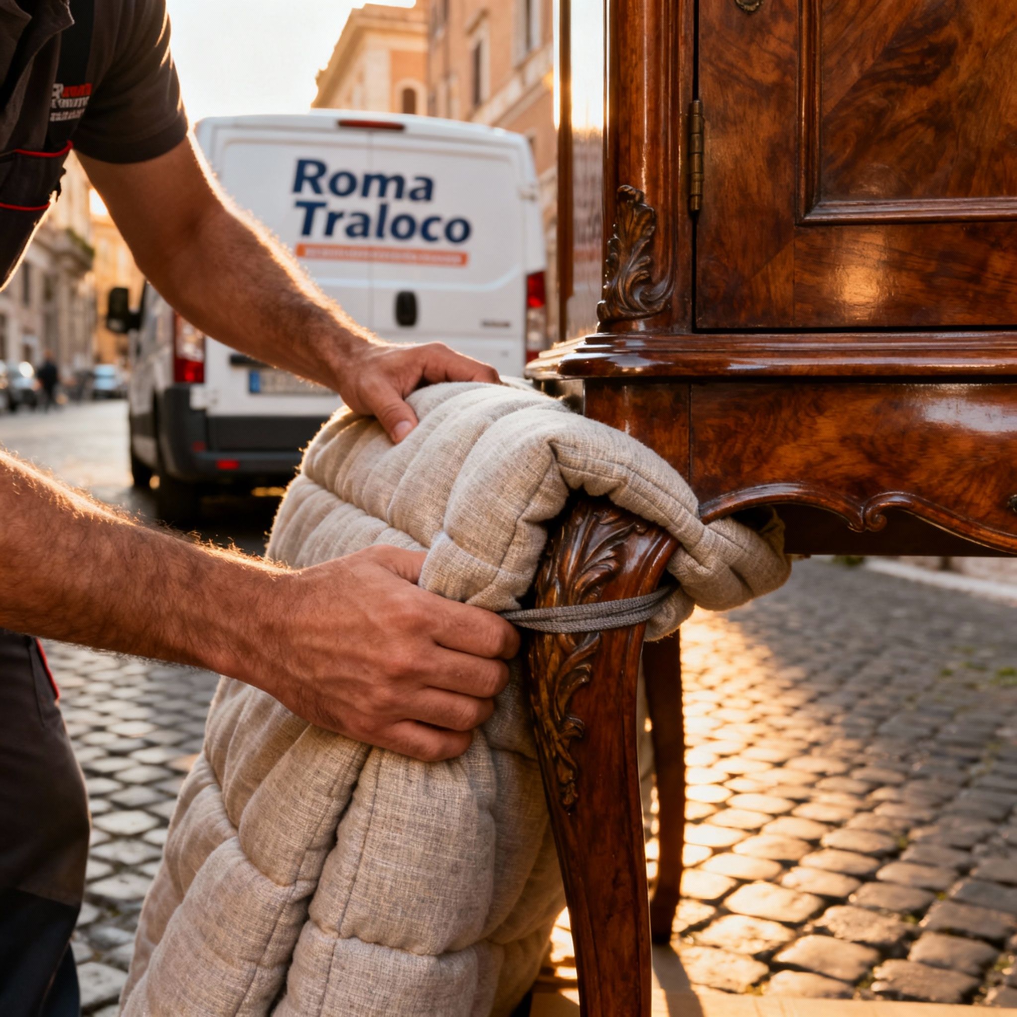 Quartiere Campitelli - dettaglio della protezione di un mobile antico con coperte imbottite da un addetto specializzato.