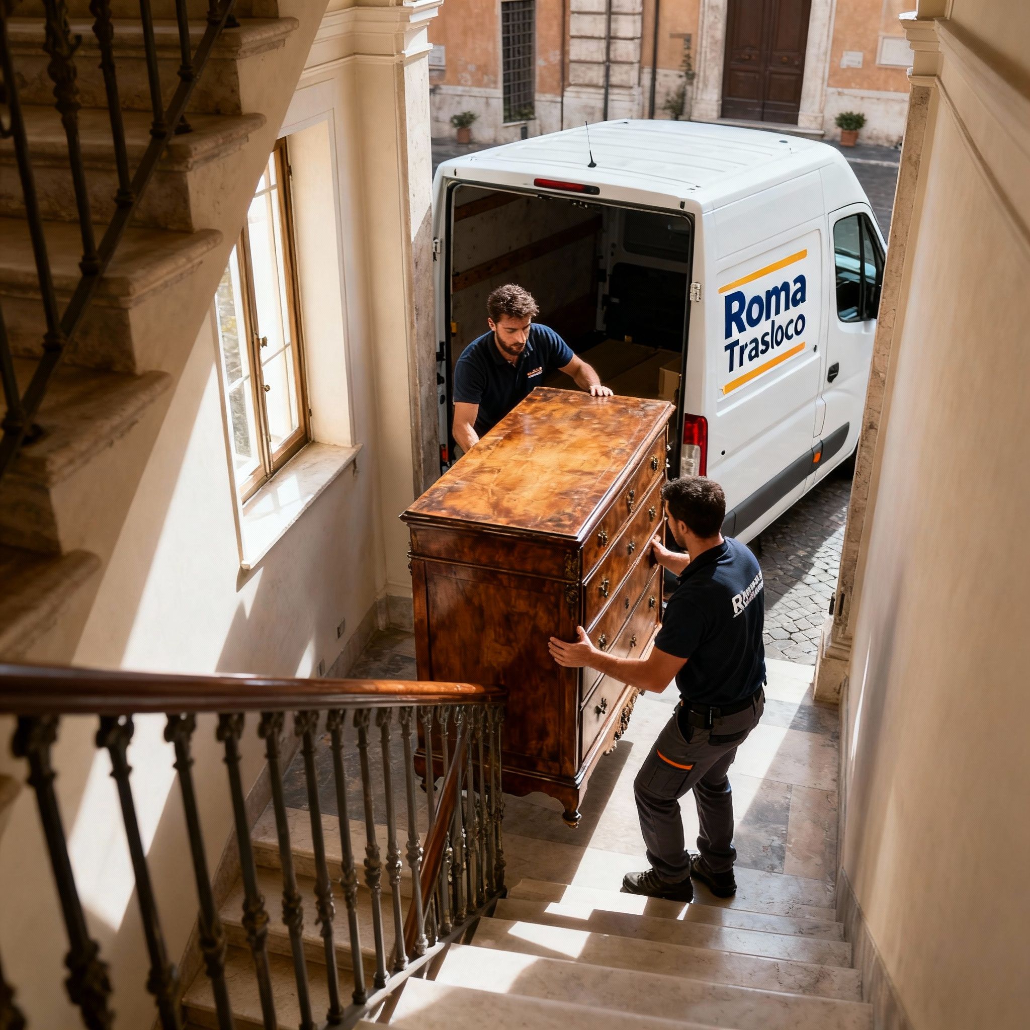 Quartiere Campitelli - team di trasloco specializzato movimenta con cura un mobile antico sulle scale di un palazzo.