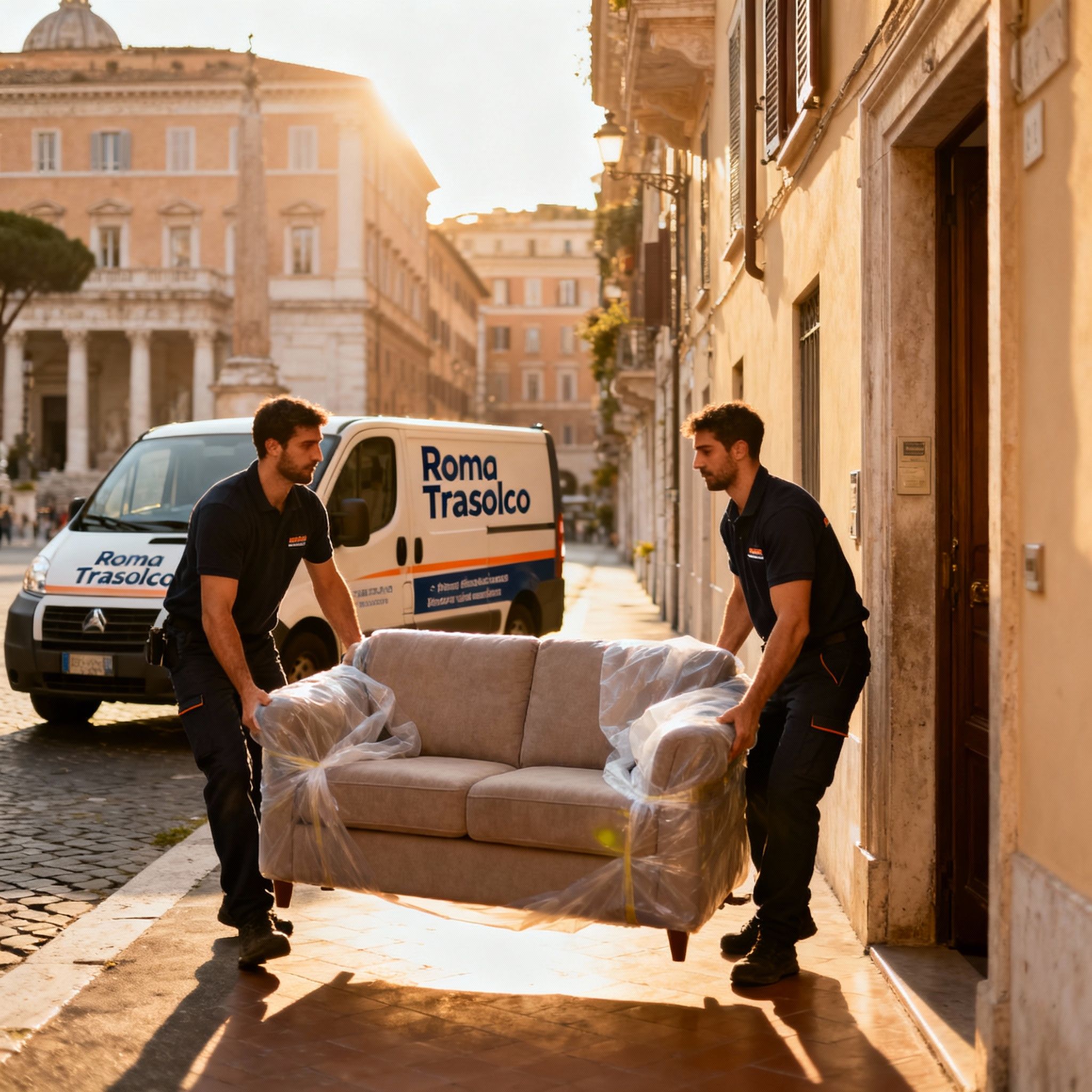 Quartiere Campo Marzio - squadra di traslocatori esperti trasporta un divano con cura all'interno di un palazzo storico.