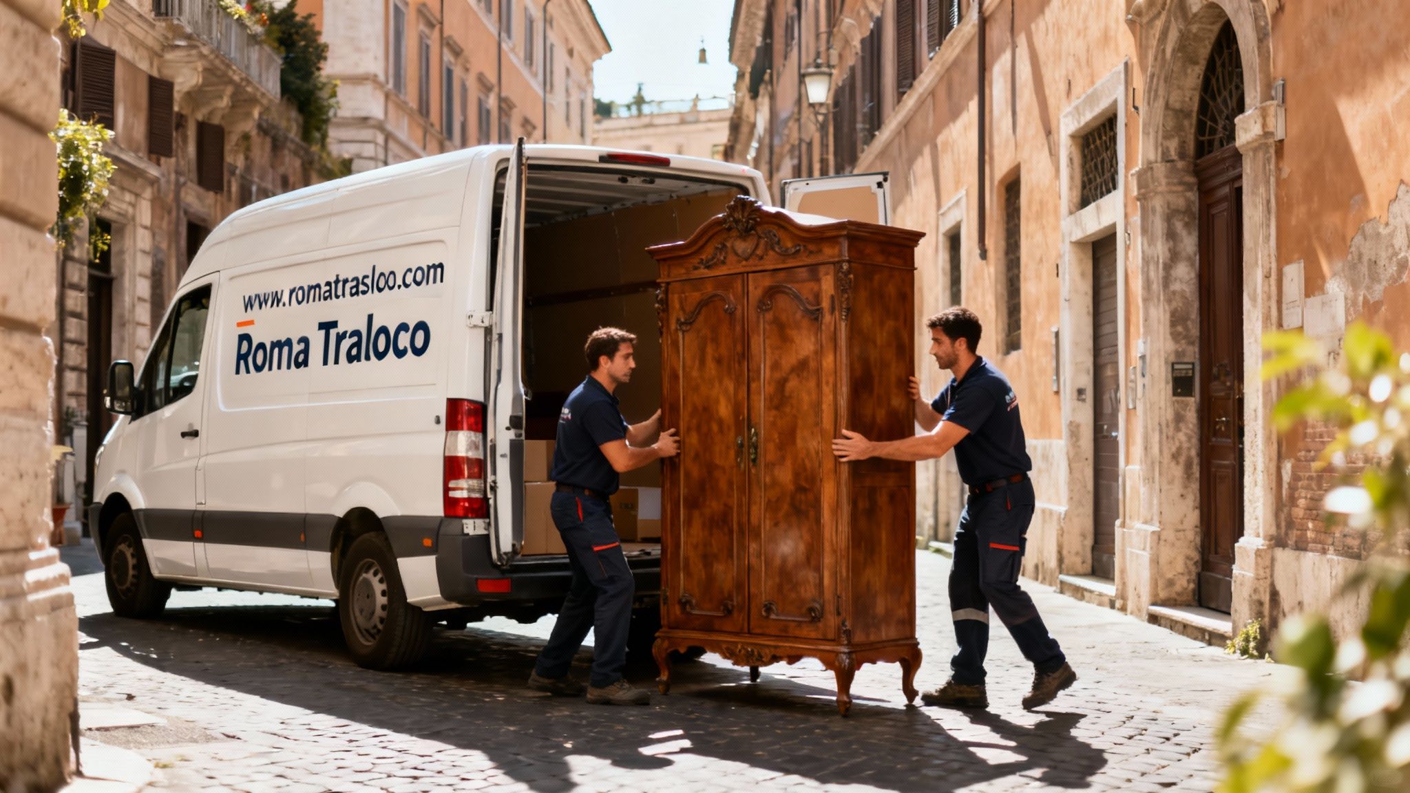 Quartiere Campo Marzio - team di traslocatori professionisti carica un furgone brandizzato Roma Trasloco in centro storico.
