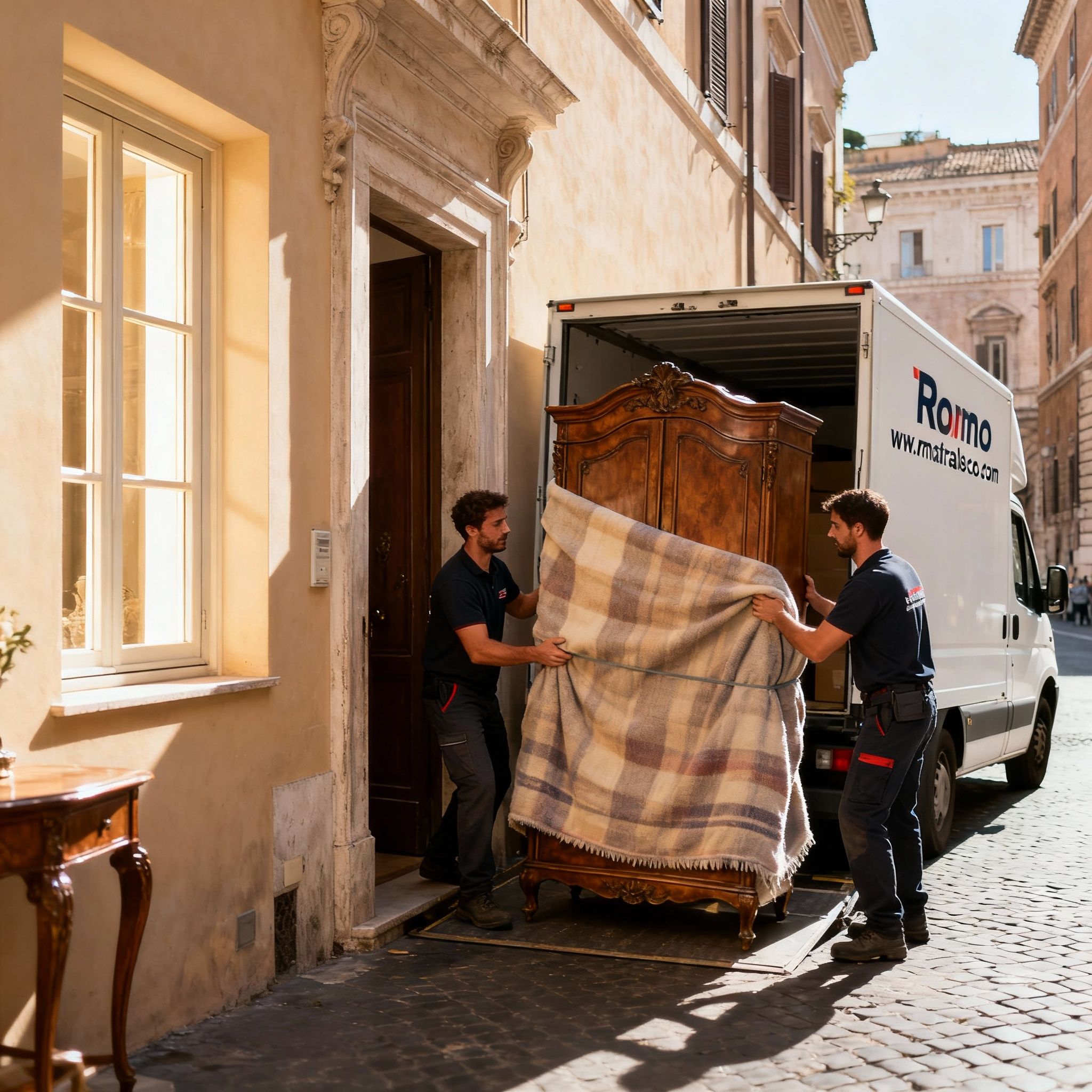 Quartiere Colonna - Team di traslocatori esperti movimenta un mobile antico con cura e professionalità per un trasloco sicuro.