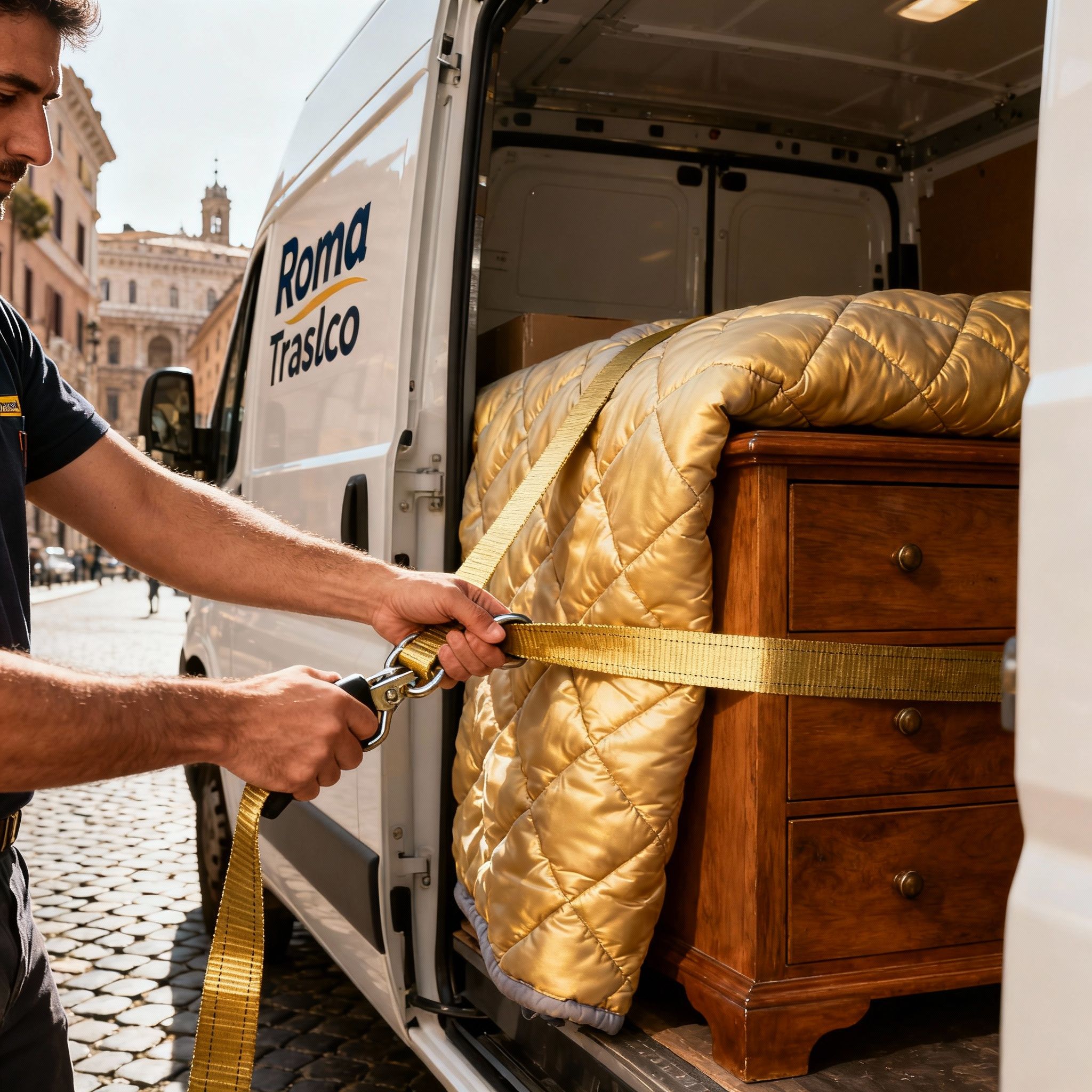 Quartiere Esquilino - Dettaglio della messa in sicurezza di un mobile con coperte e cinghie professionali nel furgone.