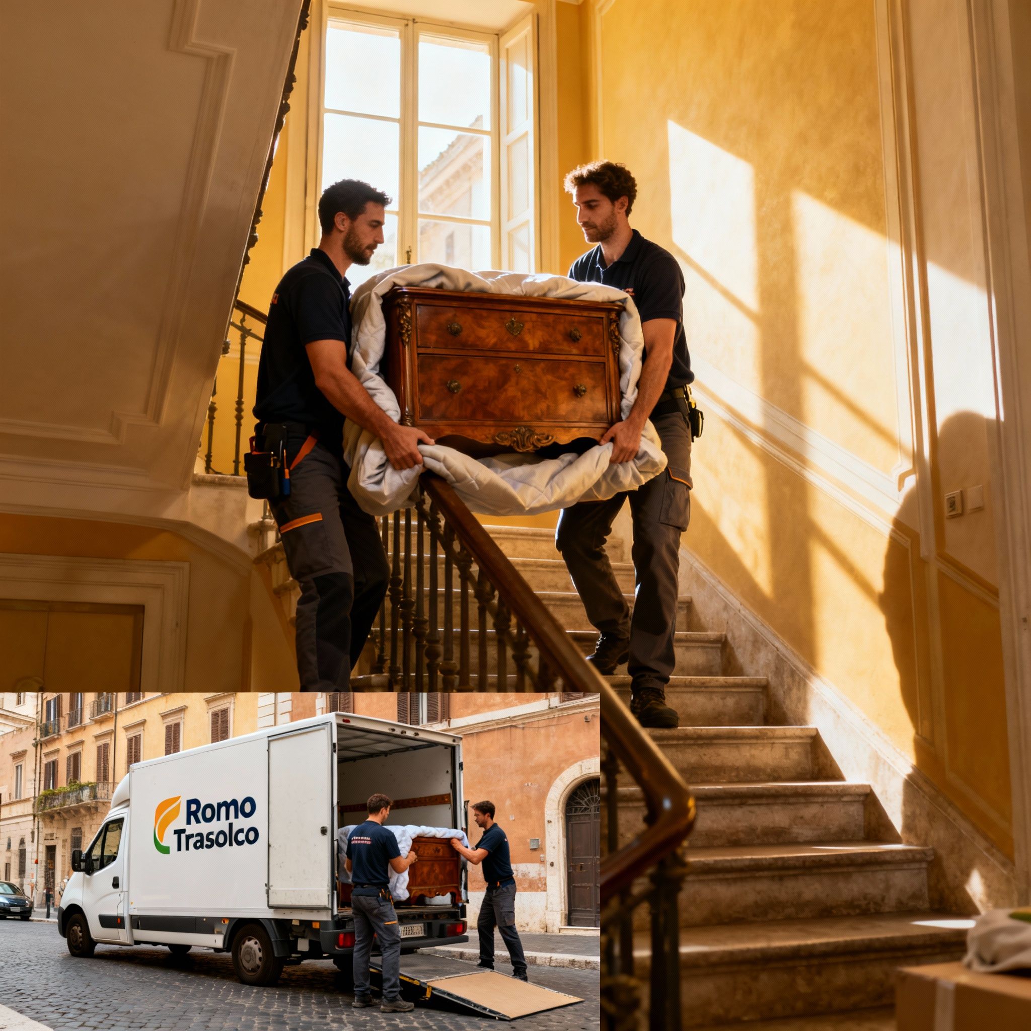 Quartiere Esquilino - Team di traslocatori esperti che trasporta un mobile antico sulle scale di un palazzo storico.