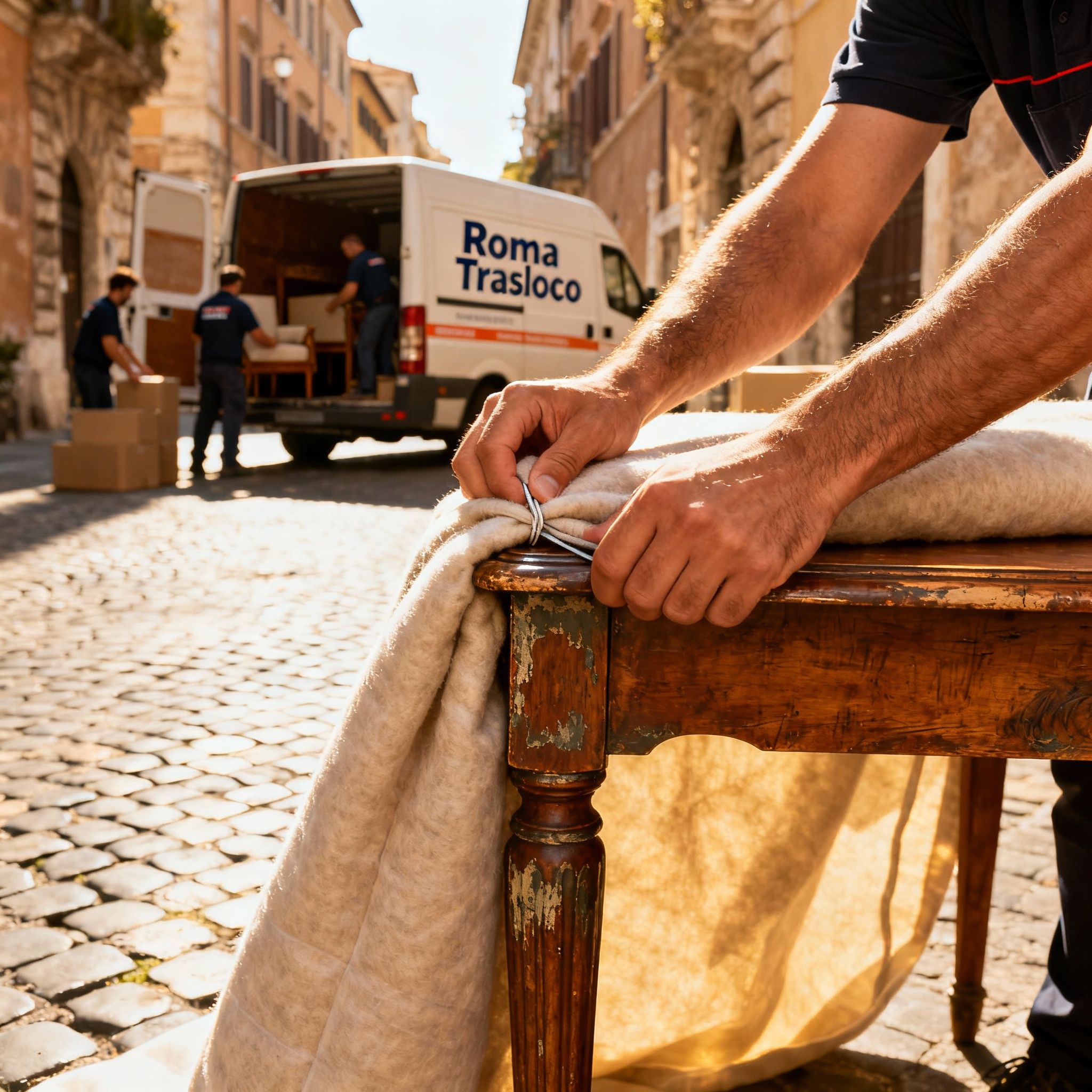 Dettaglio sulla protezione mobili per un trasloco sicuro nel Quartiere Monti, con attrezzature professionali di qualità.
