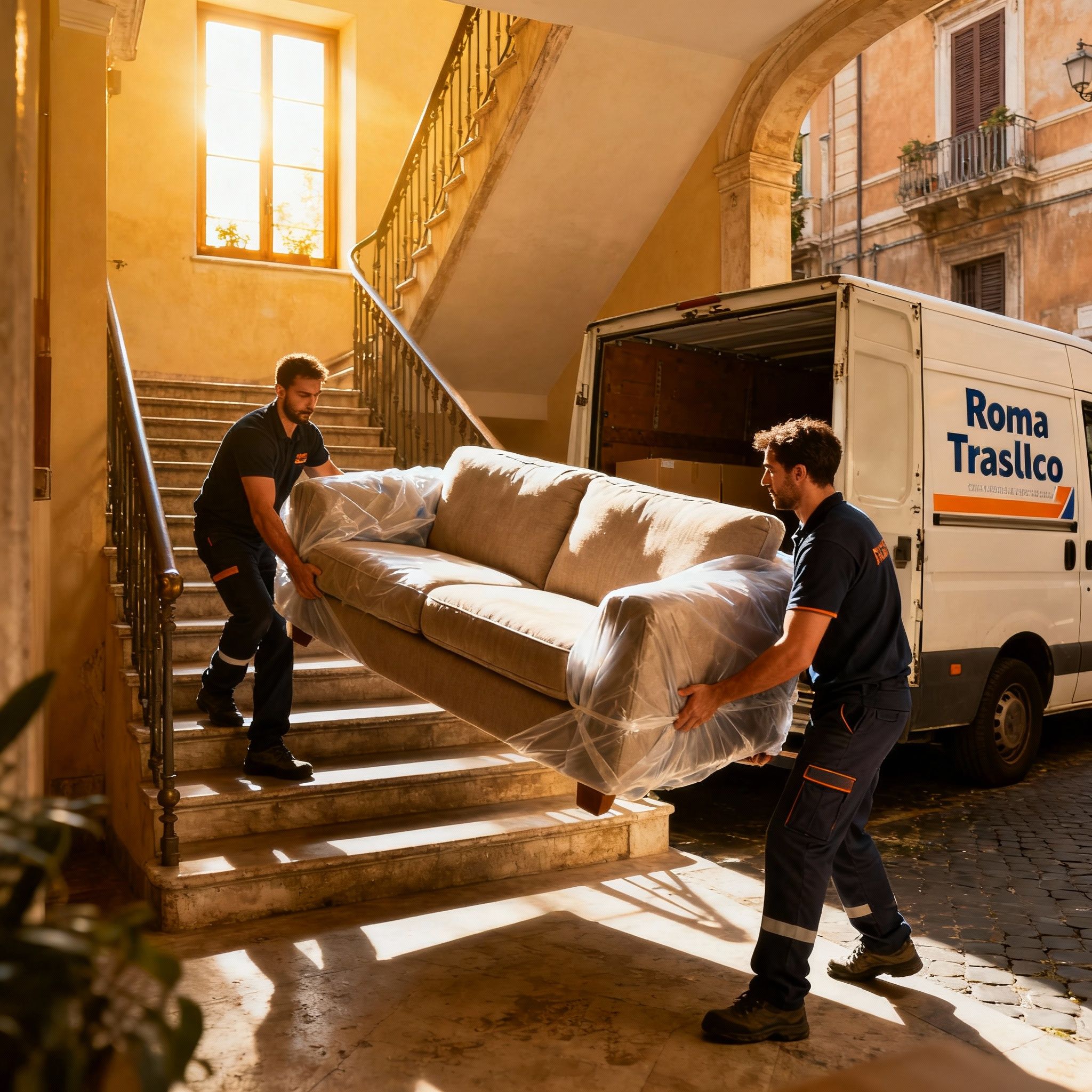 Team di traslocatori professionisti al lavoro per un trasloco nel Quartiere Monti, Roma. Massima coordinazione e cura.