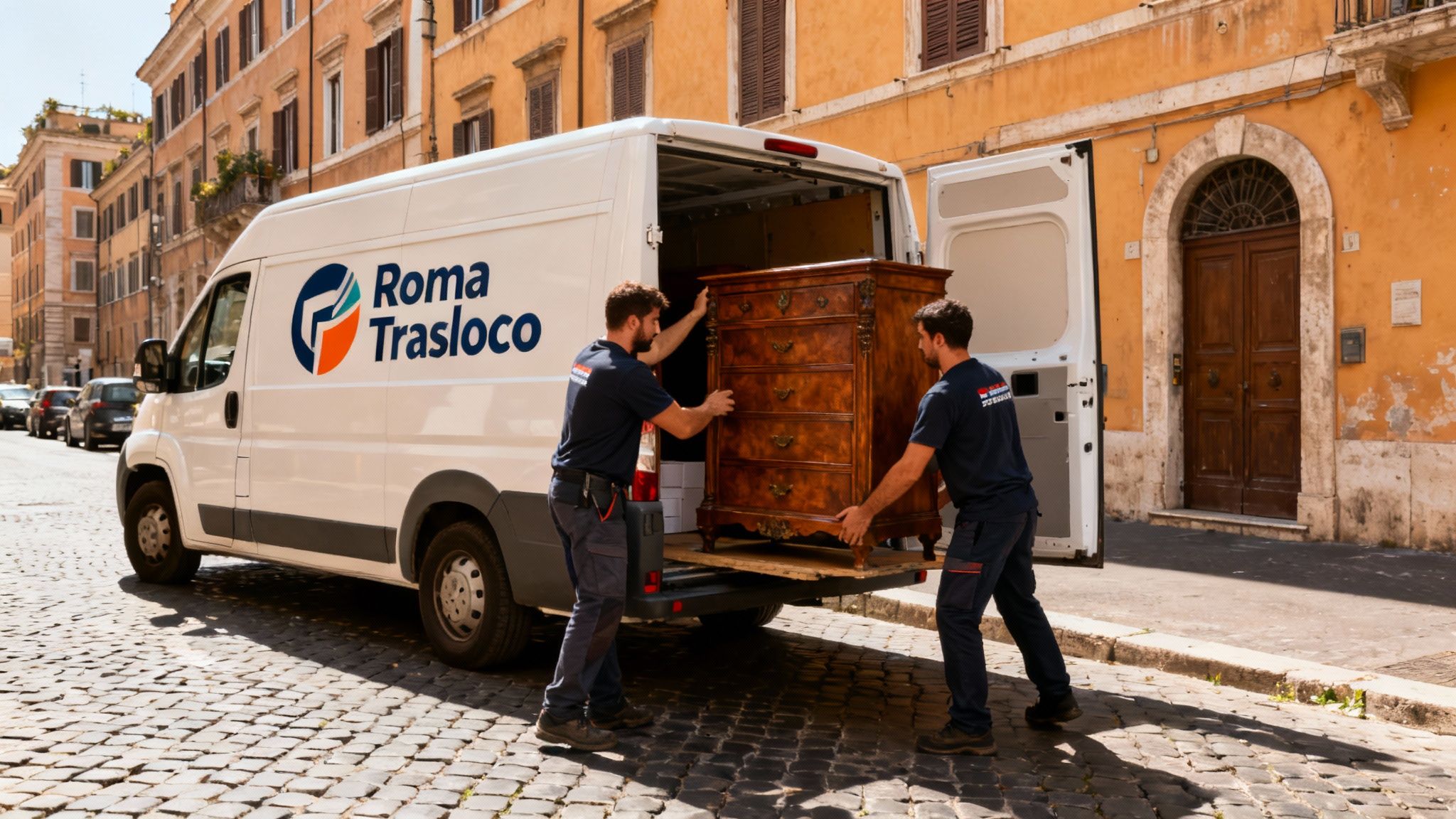 Traslochi Quartiere Monti - Squadra professionale carica furgone brandizzato in una via storica del centro di Roma.