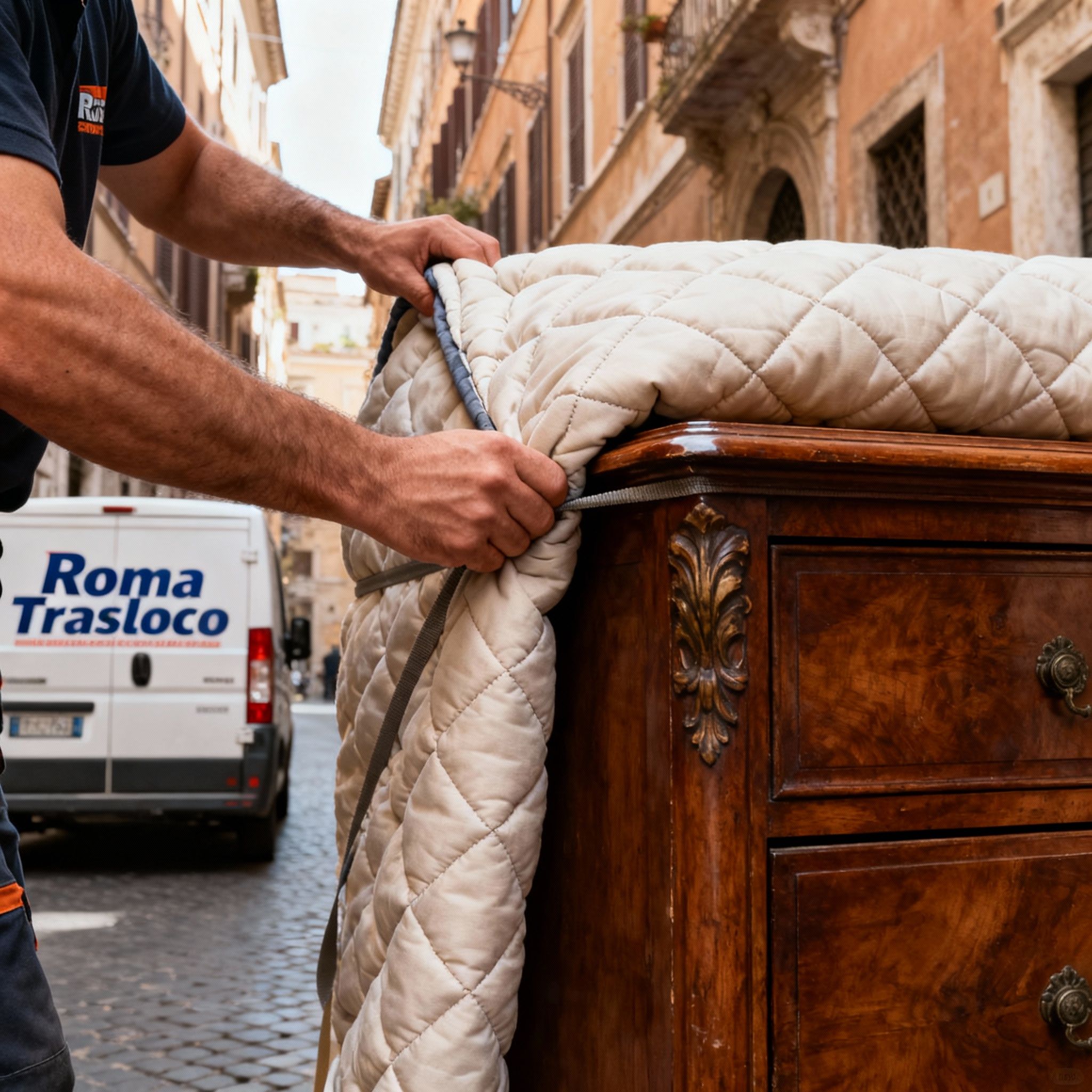 Dettaglio protezione mobili per trasloco nel Quartiere Parione: mani esperte fissano una coperta protettiva su un comò.