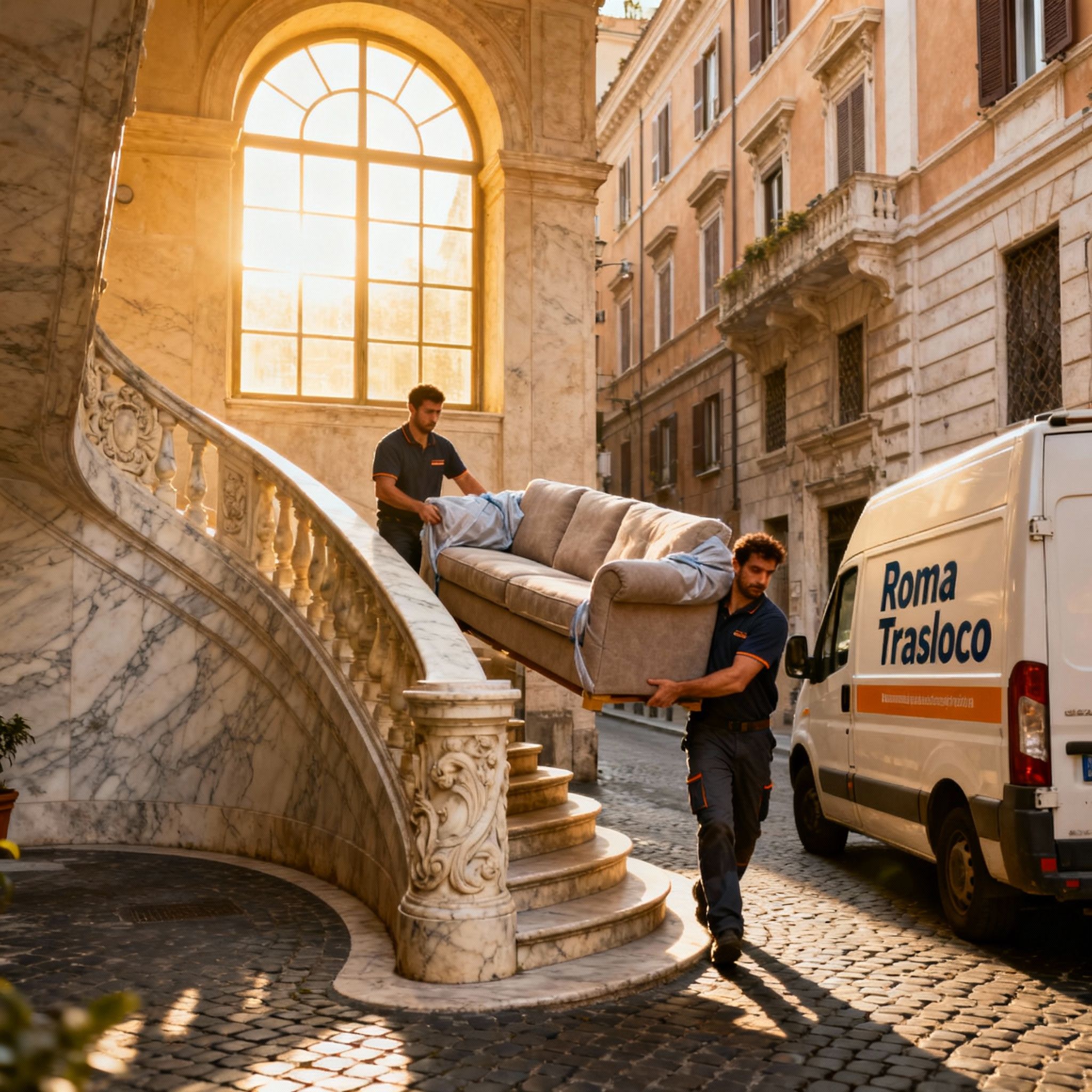 Team di traslocatori nel Quartiere Parione trasporta un divano su una scala, mostrando coordinazione e professionalità.