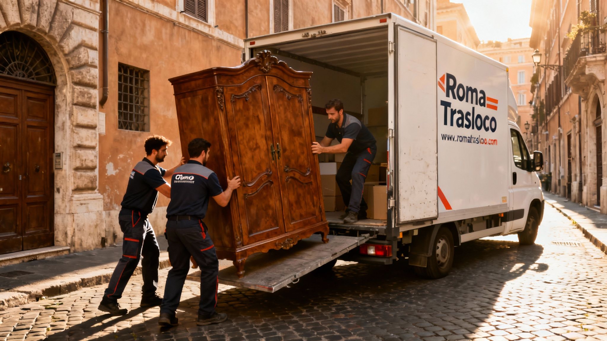 Trasloco nel Quartiere Parione: squadra di professionisti carica con cura mobili su un furgone brandizzato Roma Trasloco.