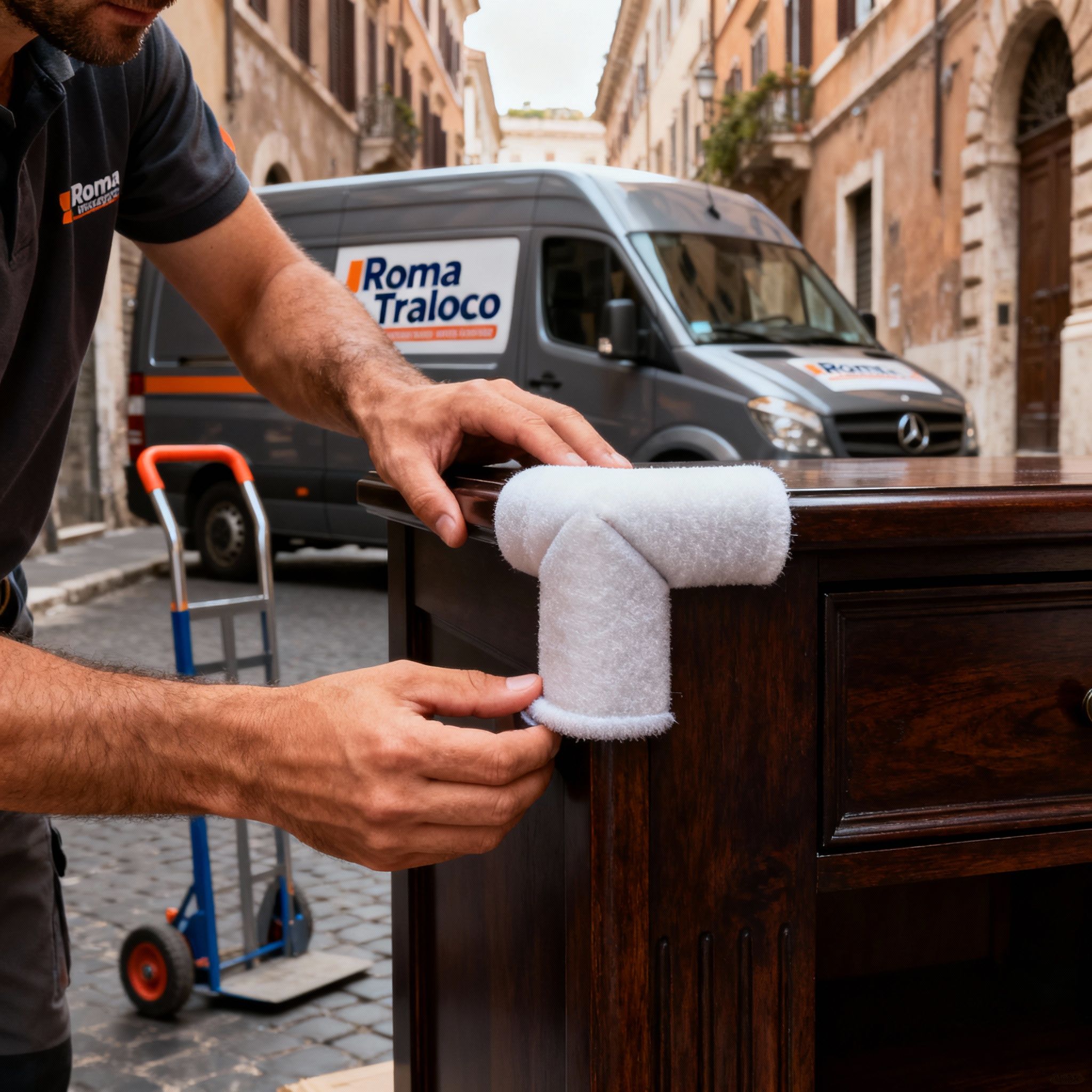 Dettaglio trasloco Quartiere Pigna - Mani esperte proteggono gli angoli di un mobile, simbolo di cura e professionalità.