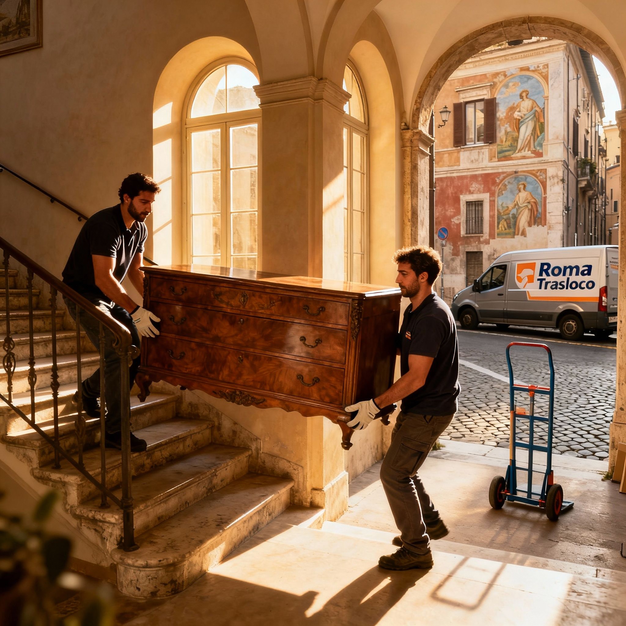 Quartiere Pigna - Team di traslocatori esperti movimenta un mobile antico sulle scale di un palazzo storico con massima cura.