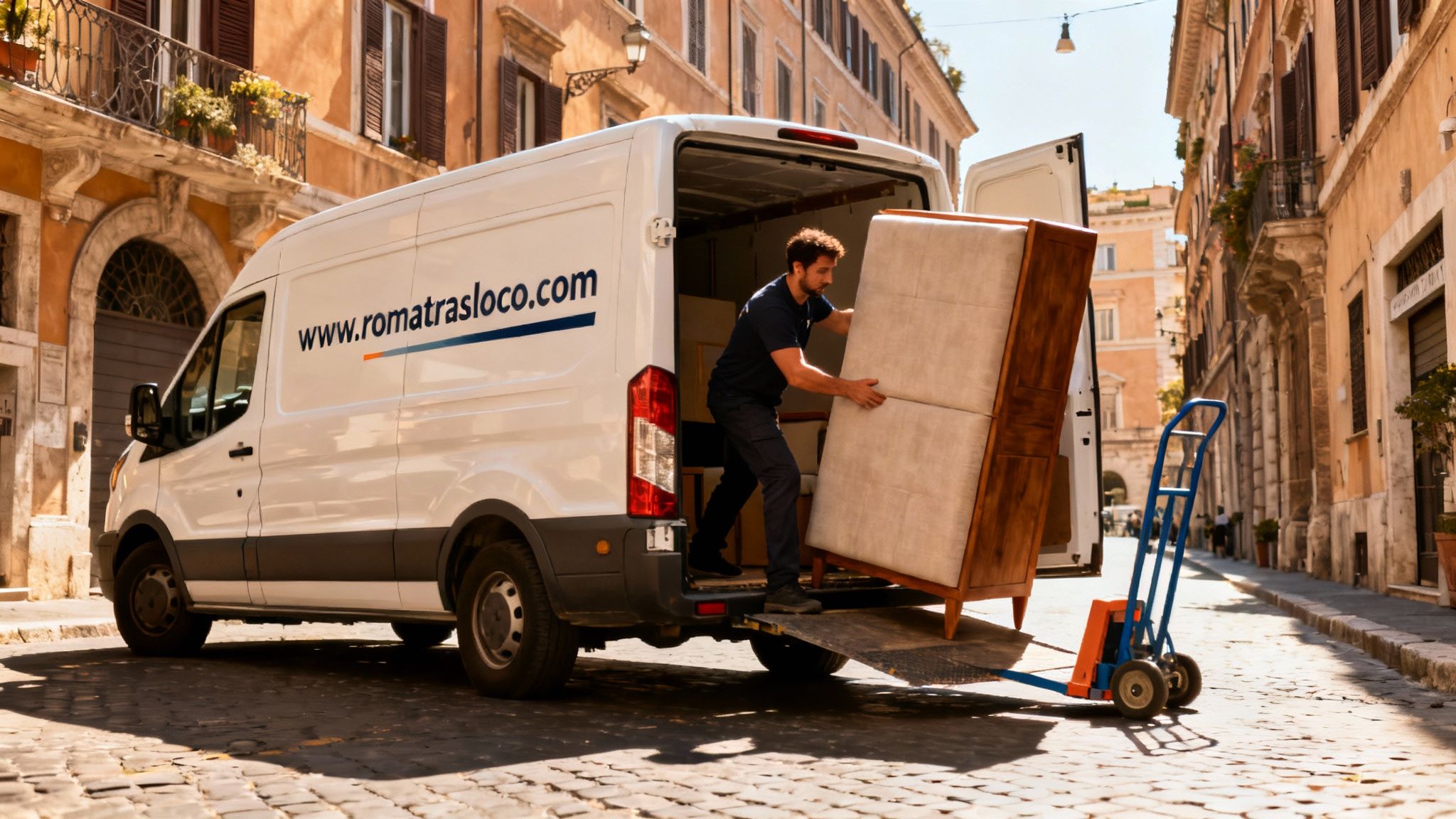 Trasloco Quartiere Pigna - Squadra professionale carica furgone brandizzato Roma Trasloco con efficienza nel centro storico.