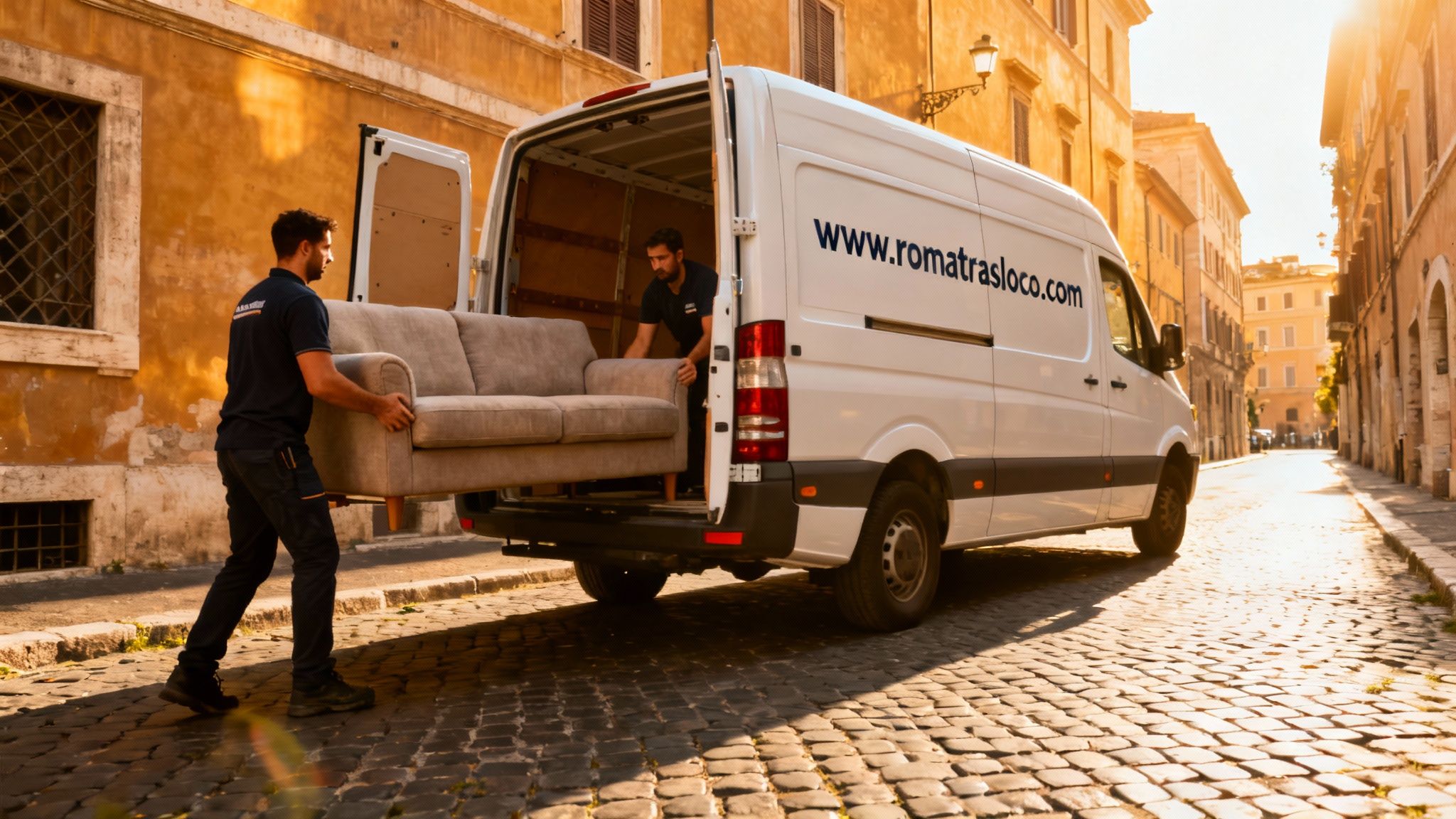 Traslochi Quartiere Ponte Roma: squadra di professionisti carica con cura un divano su un furgone brandizzato Roma Trasloco.