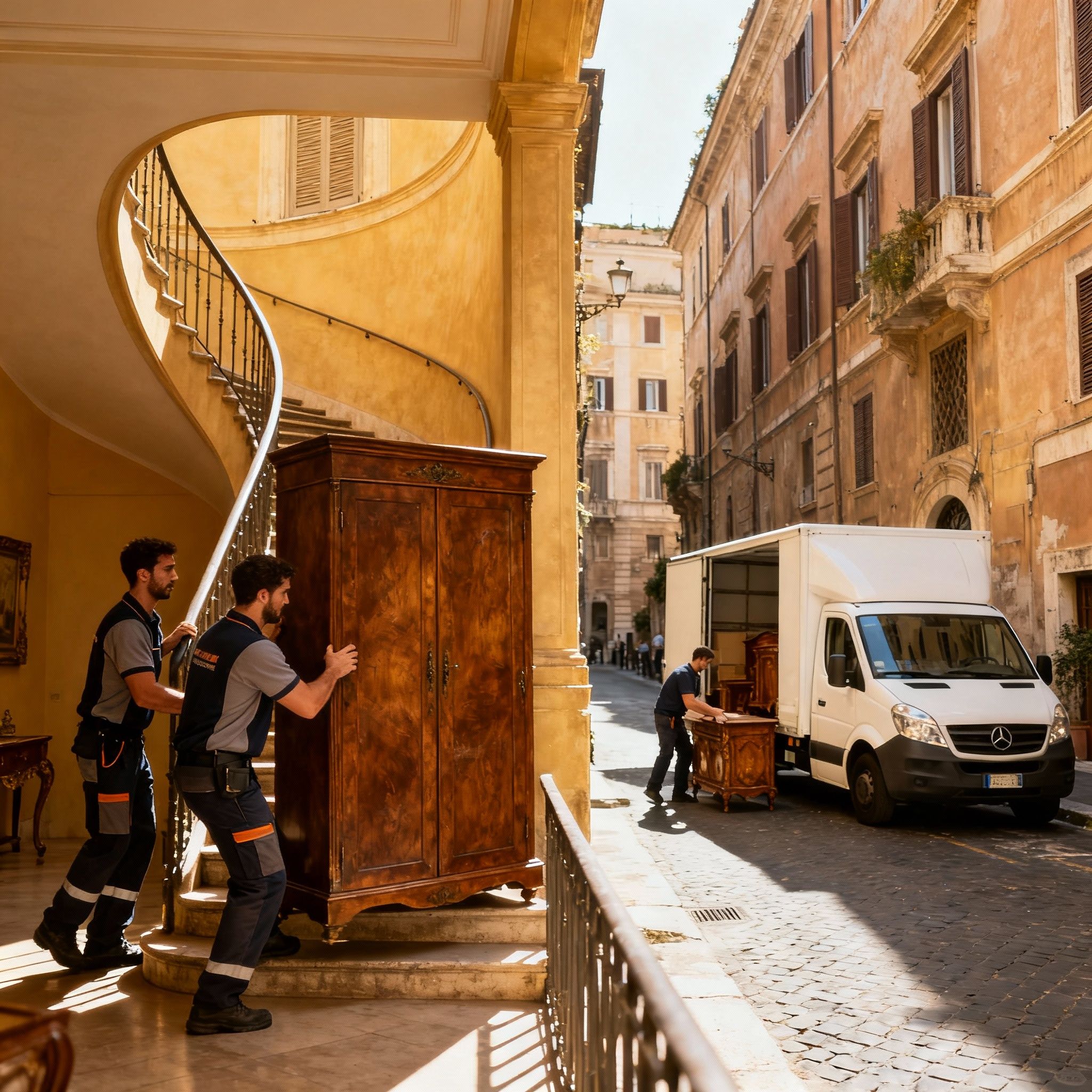 Team di traslocatori al lavoro nel Quartiere Regola, Roma: professionisti coordinati nello spostare arredi pesanti per le scale.