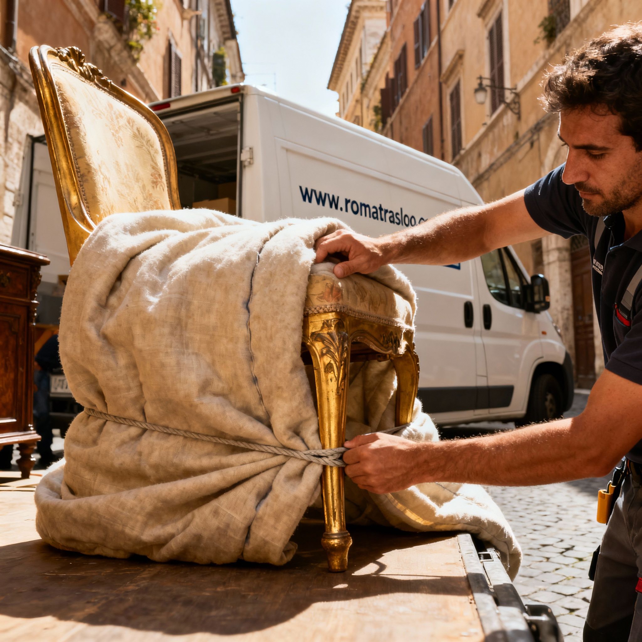 Dettaglio imballaggio per trasloco al Quartiere Regola: mani esperte che proteggono un mobile antico con coperte professionali.