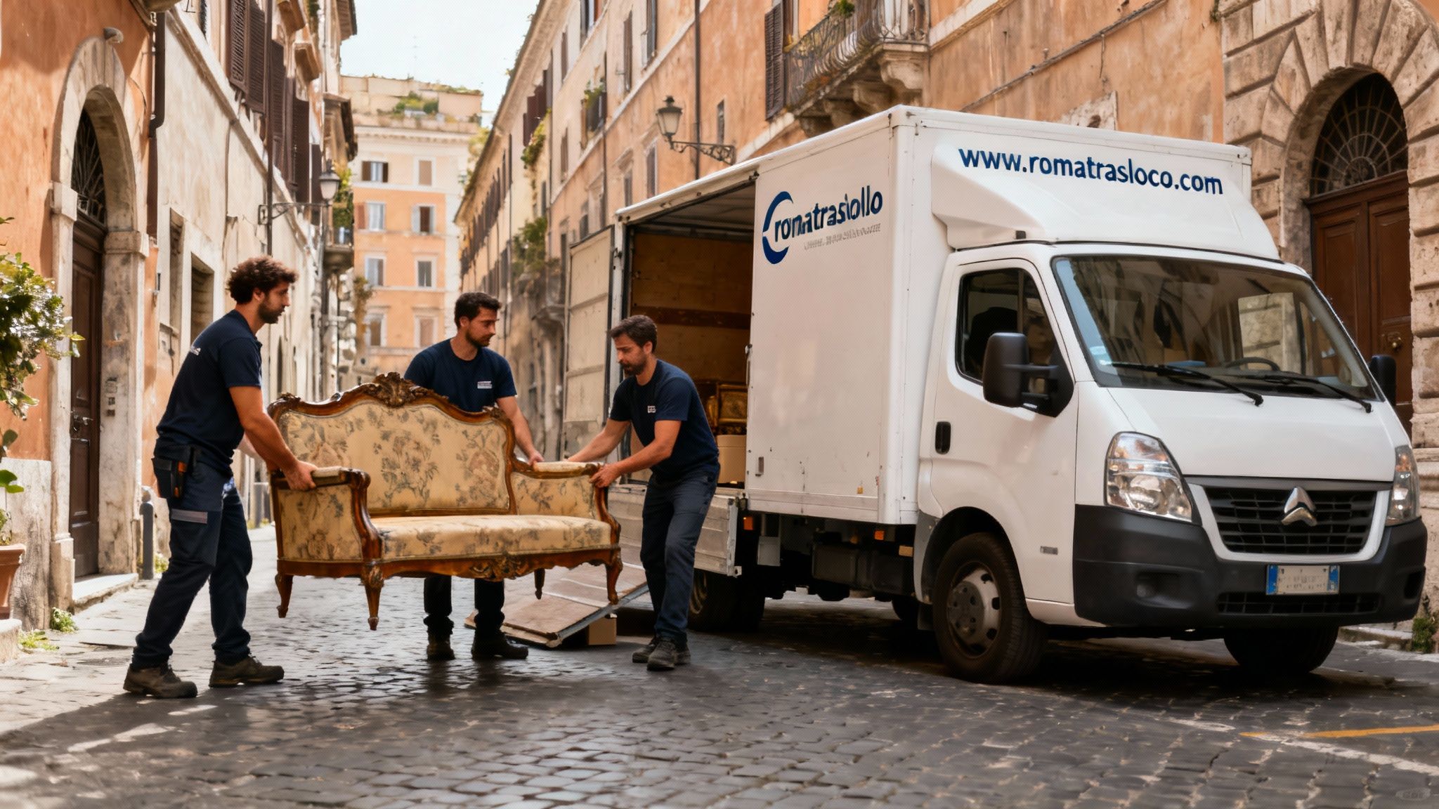 Traslochi Quartiere Regola - Squadra professionale carica mobili su furgone brandizzato Roma Trasloco nel centro storico di Roma.