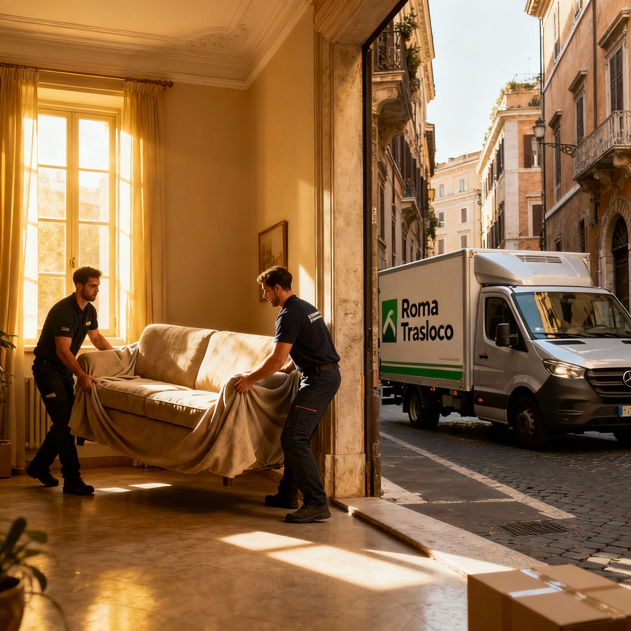 Quartiere Sant'Angelo: team di traslocatori al lavoro sposta un divano con cura e professionalità in un appartamento.