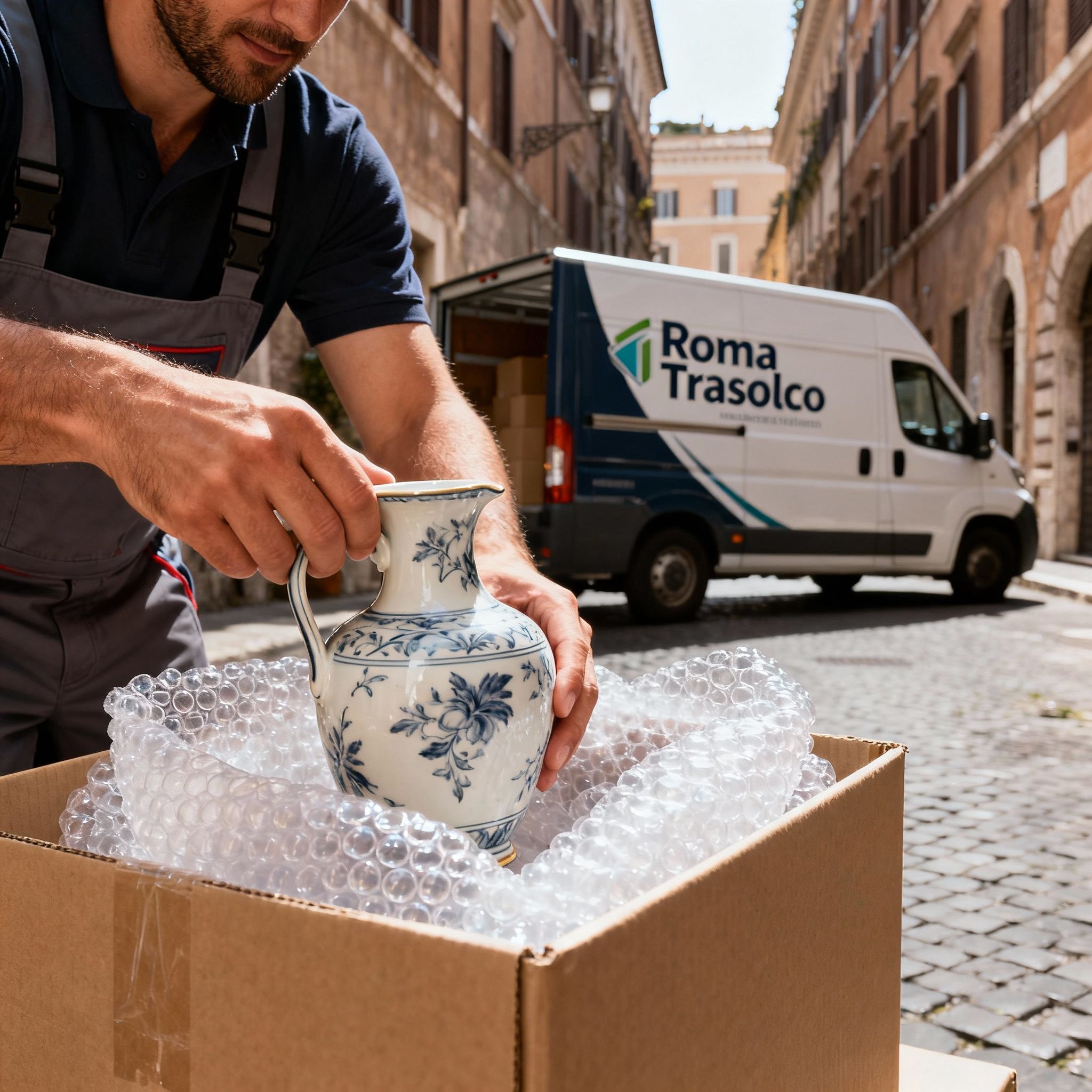 Quartiere Sant'Angelo: dettaglio dell'imballaggio professionale di oggetti fragili da parte del team Roma Trasloco.