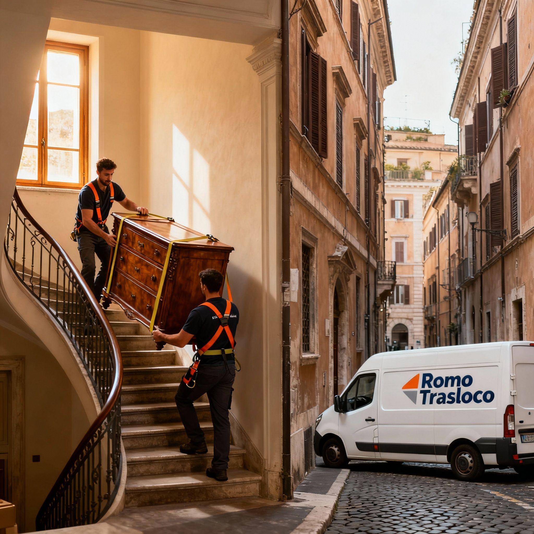 Team di traslocatori professionisti nel Quartiere Sant'Eustachio che trasporta mobili antichi con la massima attenzione.