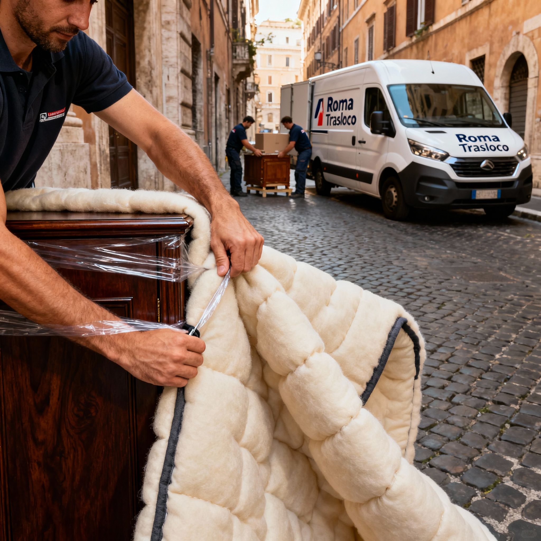 Dettaglio della protezione mobili per traslochi nel Quartiere Sant'Eustachio: mani esperte che fissano una coperta.