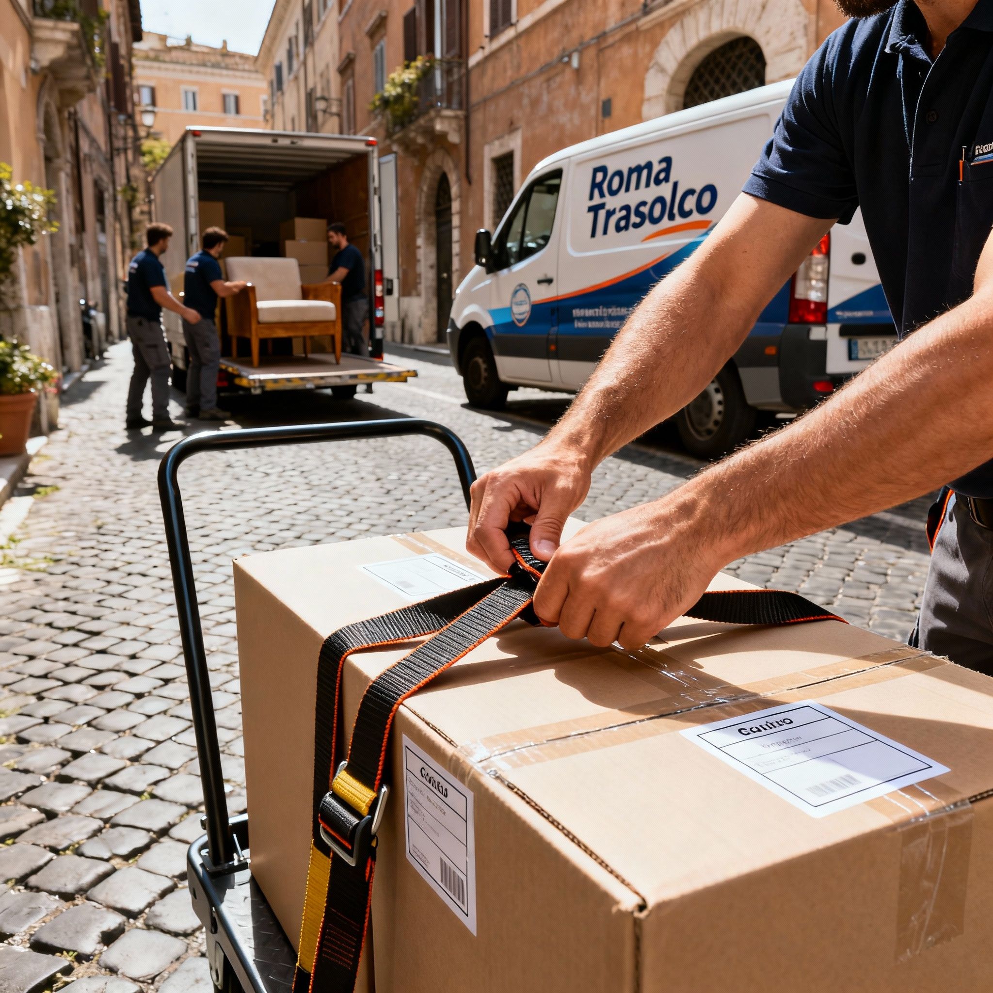 Quartiere Trastevere: dettaglio su attrezzatura professionale e imballaggi di qualità per un trasloco sicuro e protetto.
