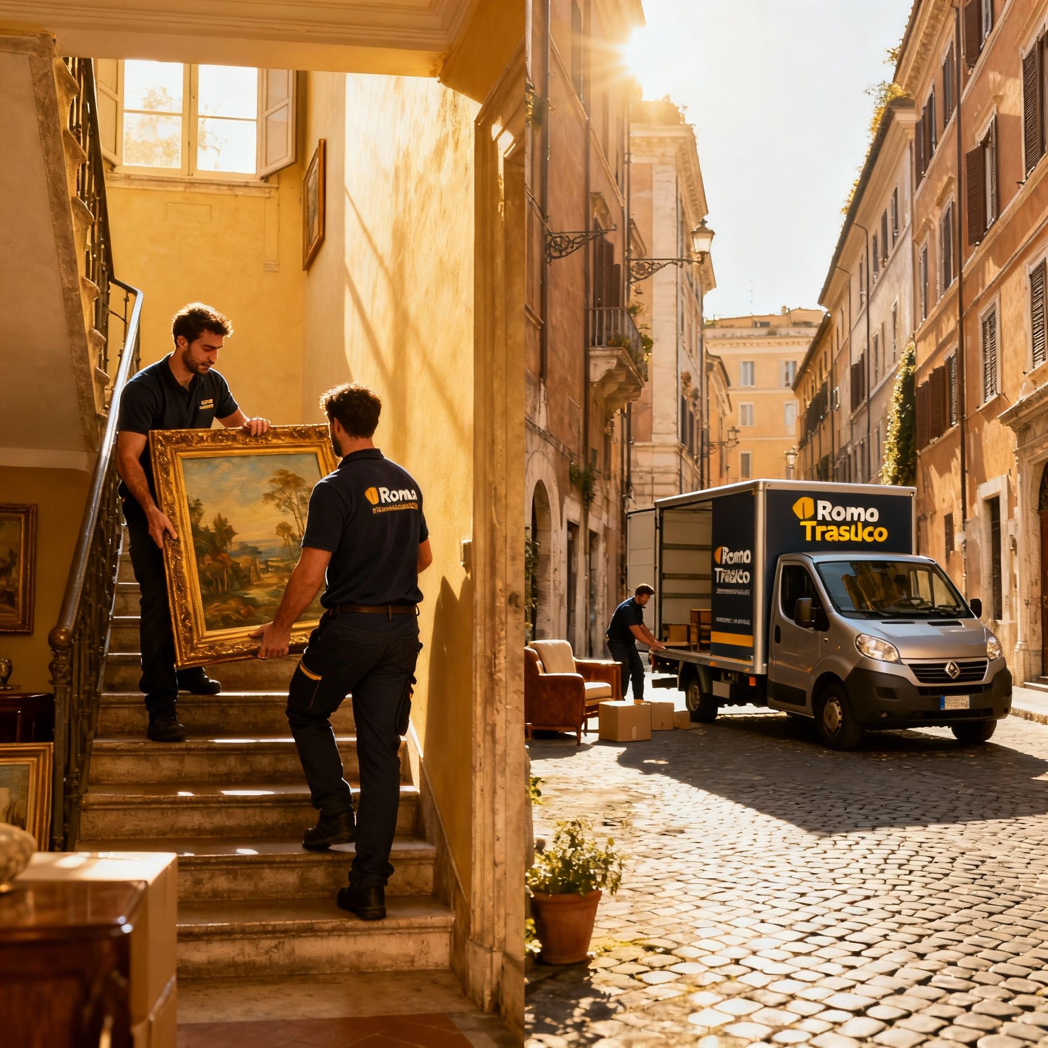 Quartiere Trastevere: team di traslocatori professionisti trasporta un mobile di valore lungo le scale con la massima cura.