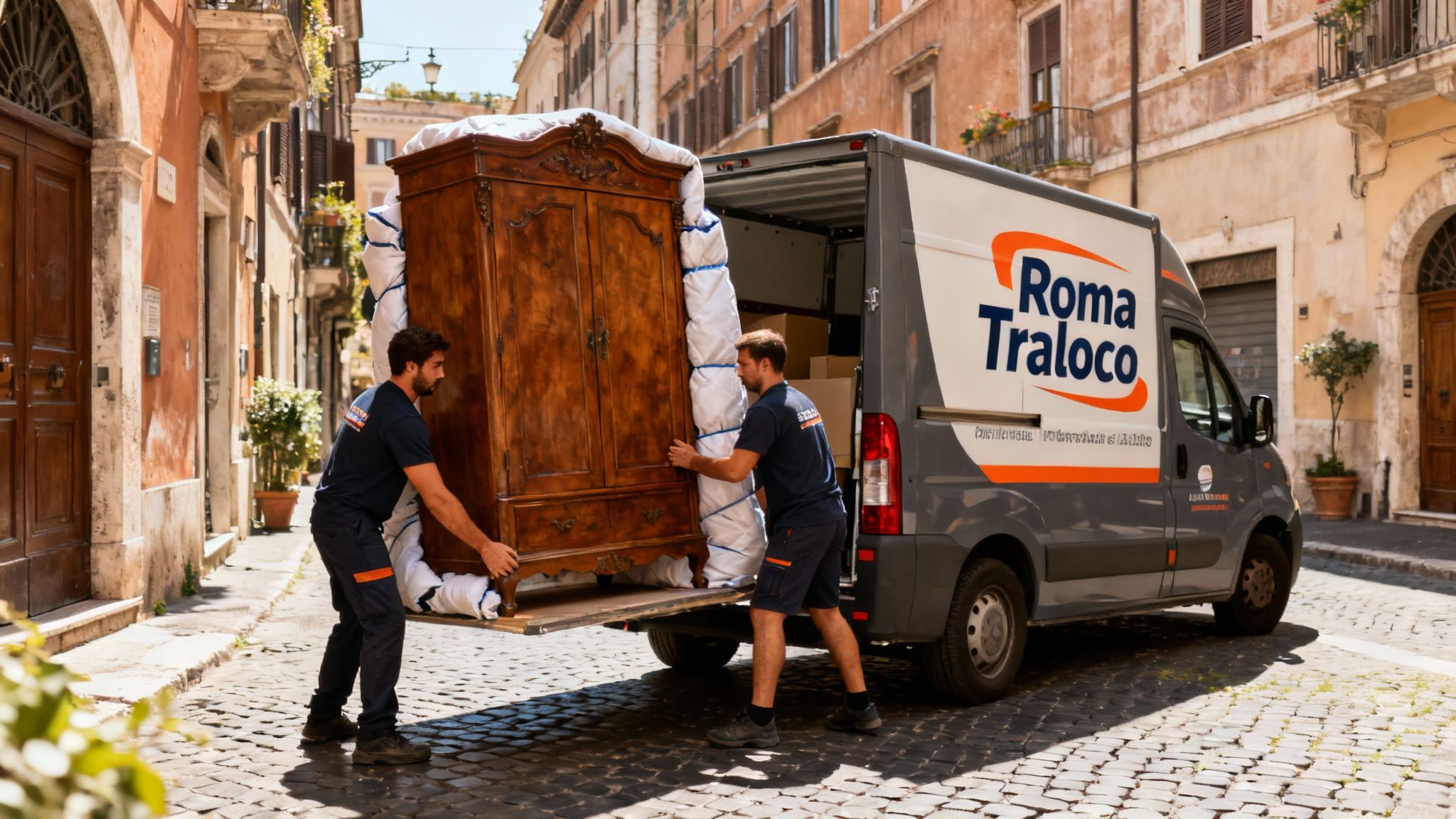 Traslochi Quartiere Trastevere: squadra di professionisti carica con cura un furgone nel centro storico di Roma.