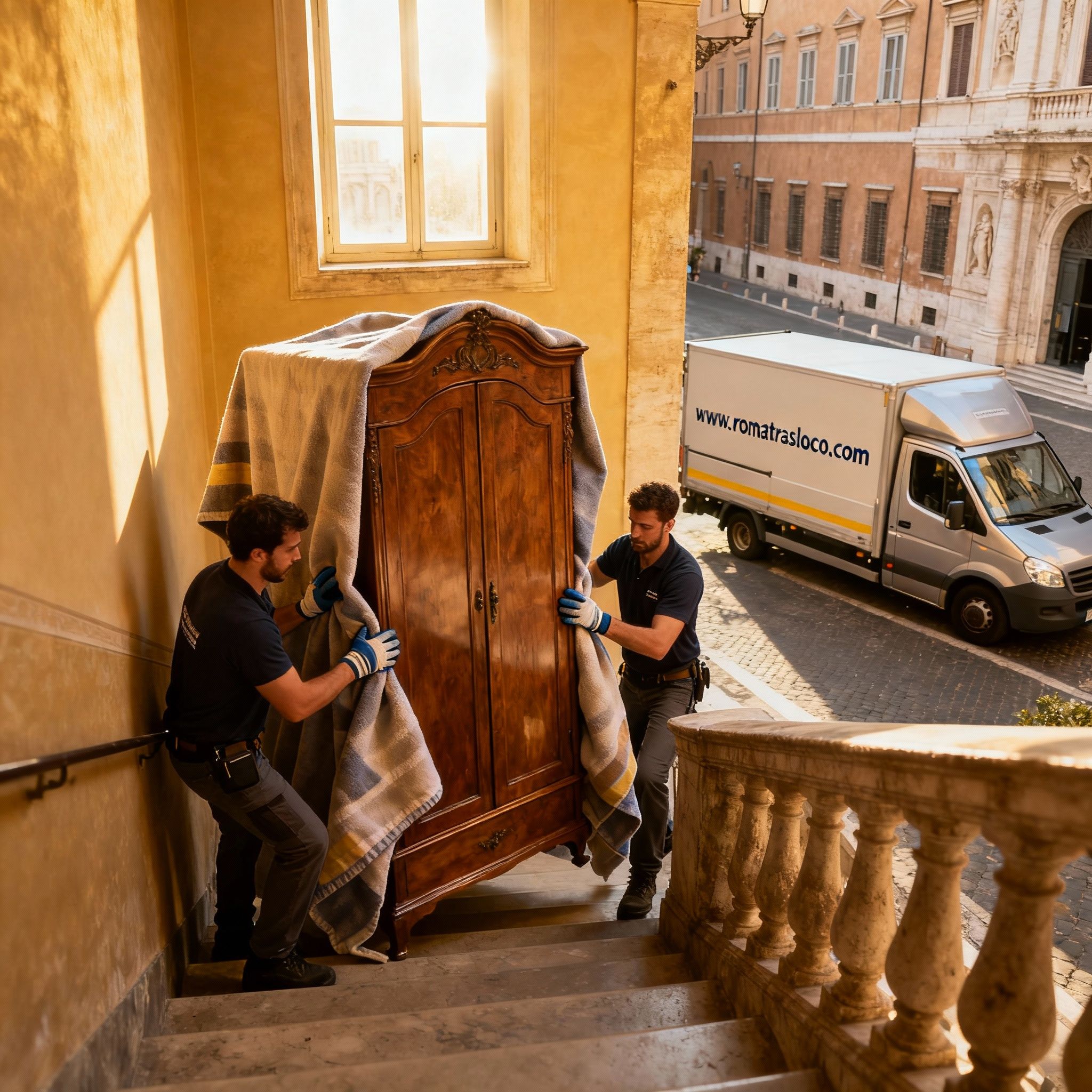 Team di esperti per traslochi nel Quartiere Trevi, movimentazione sicura e coordinata di mobili antichi sulle scale.