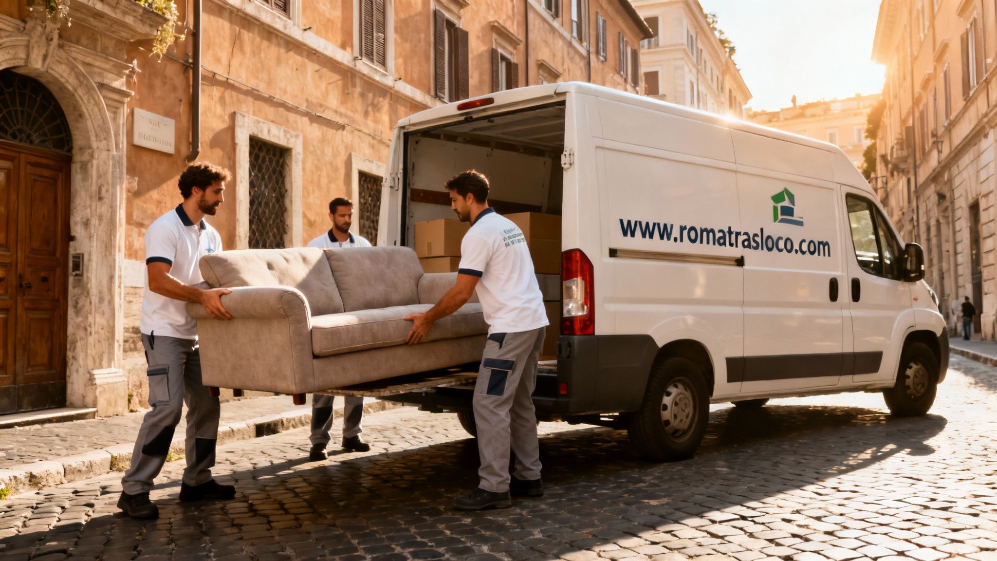 Traslochi Quartiere Trevi - Squadra professionale carica con perizia un furgone moderno e brandizzato Roma Trasloco.
