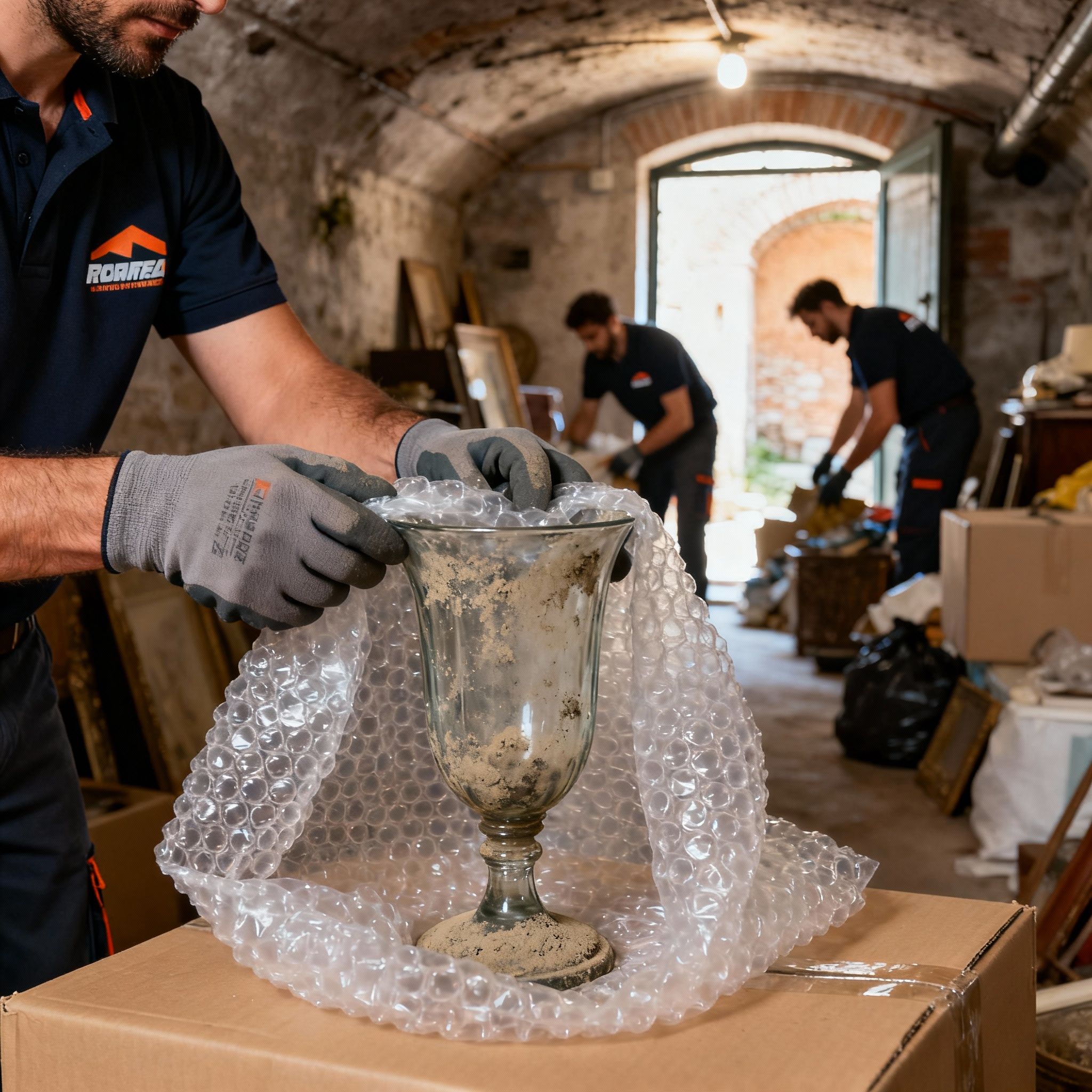 Sgombri Cantine Roma - Dettaglio dell'imballaggio protettivo di un oggetto fragile con pluriball da parte di un operatore.