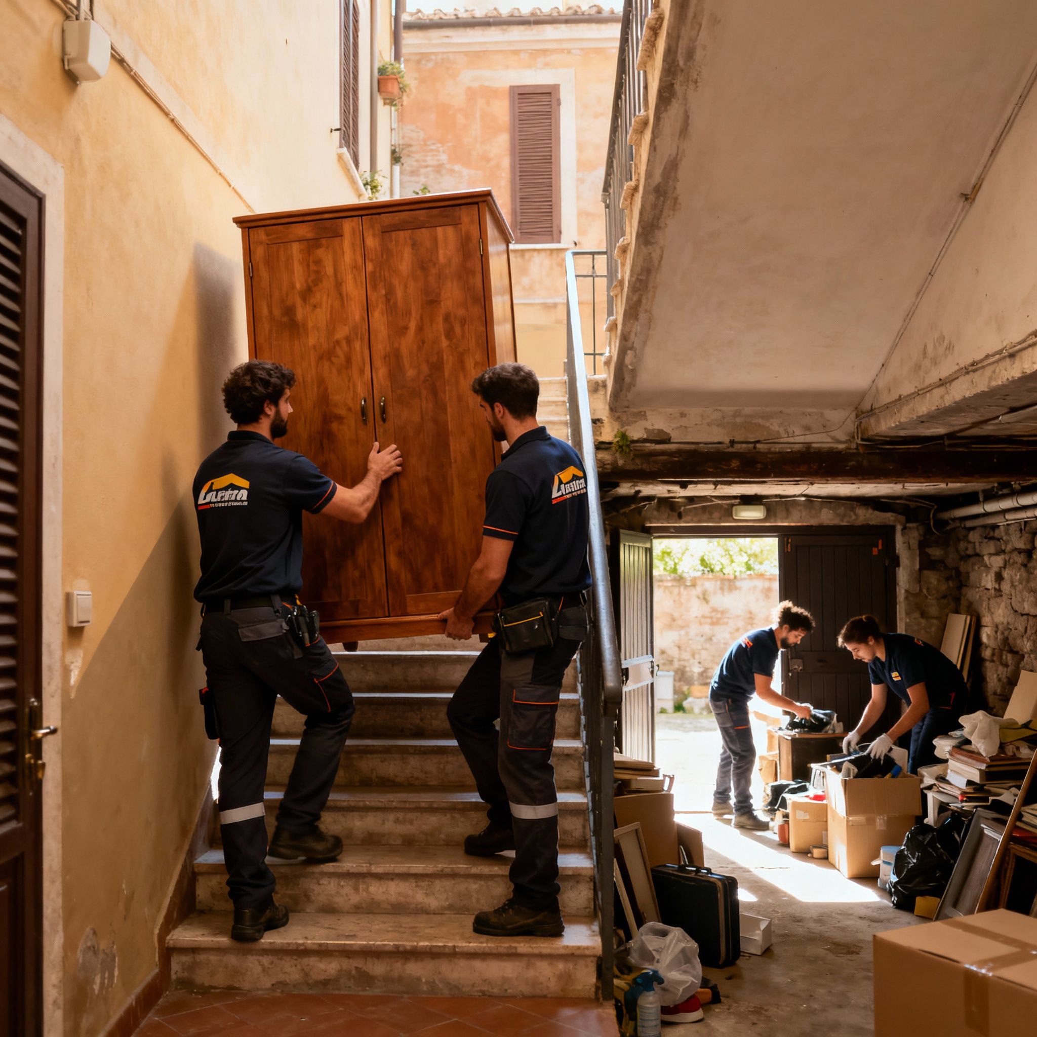 Sgombri Cantine Roma - Team di traslocatori esperti che trasporta con cura un mobile pesante lungo le scale di un palazzo.
