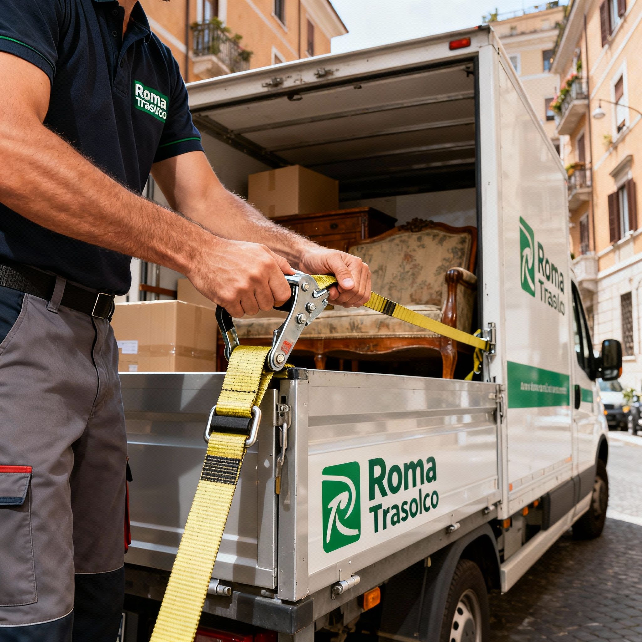 Sgombri Roma - Dettaglio di un mobile assicurato con cinghie professionali all'interno del furgone per un trasporto sicuro.