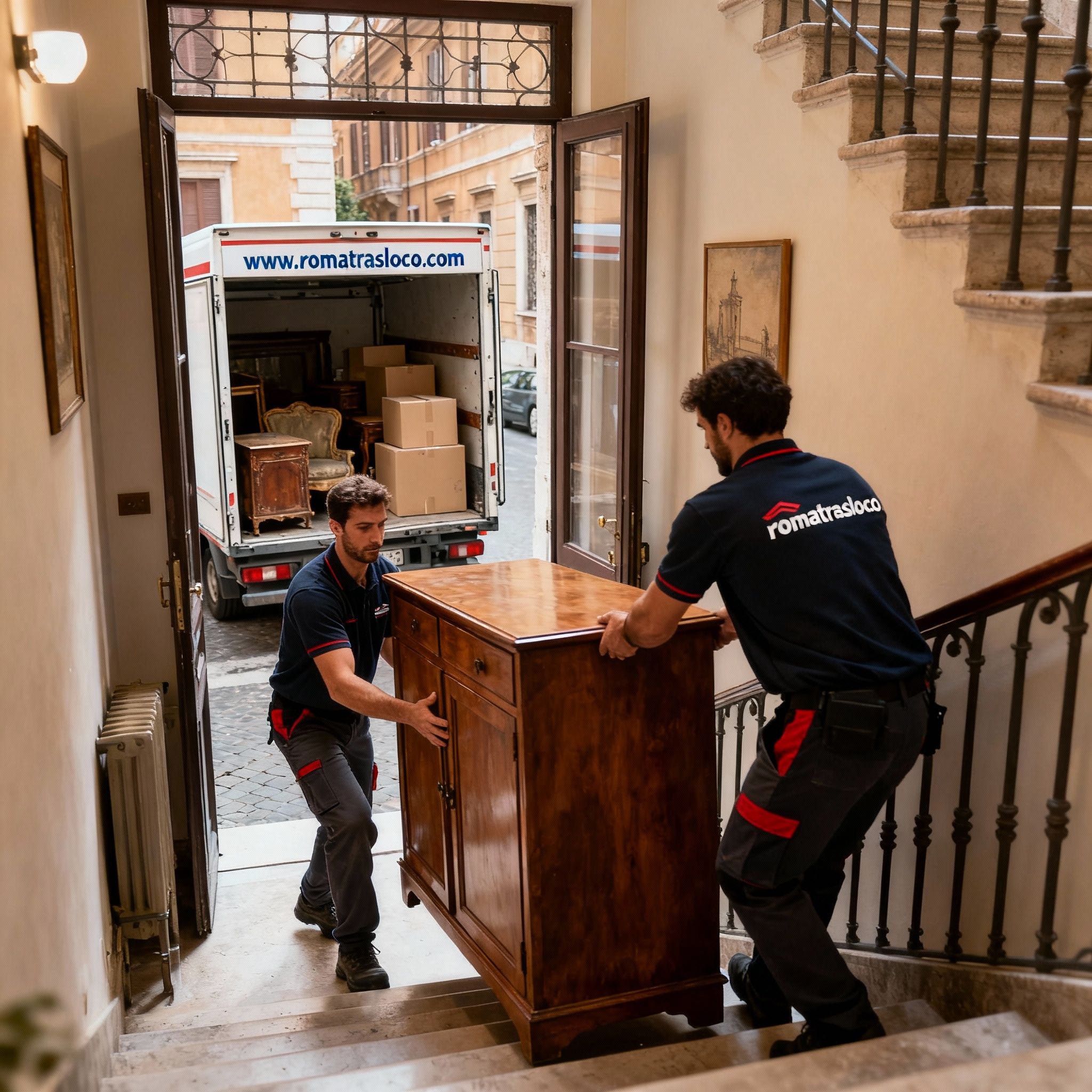 Sgombri Roma - Team di traslocatori esperti sposta con cura un mobile pesante sulle scale di un palazzo. Massima professionalità.