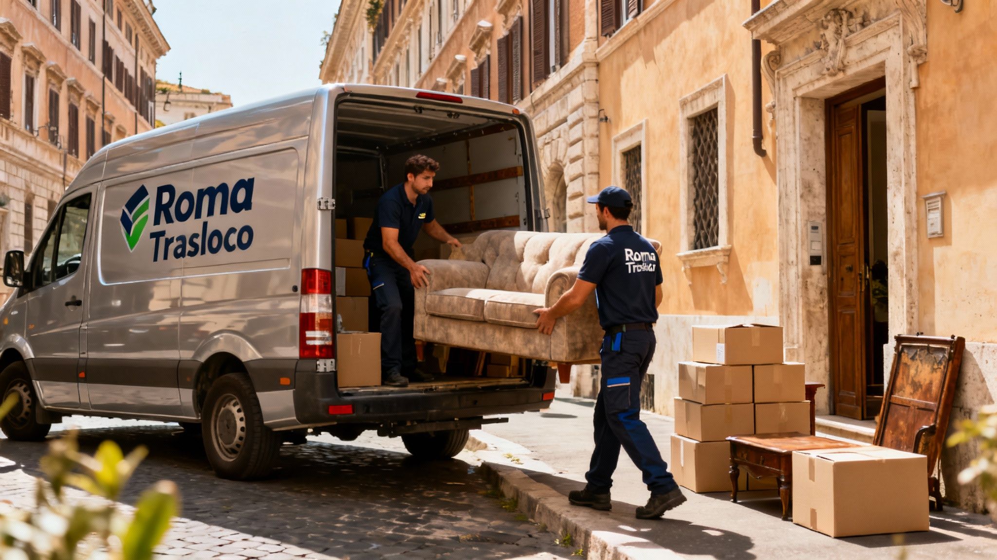 Sgombri Roma - Squadra di professionisti carica mobili e scatoloni su un furgone brandizzato in una via di Roma. Servizio rapido.
