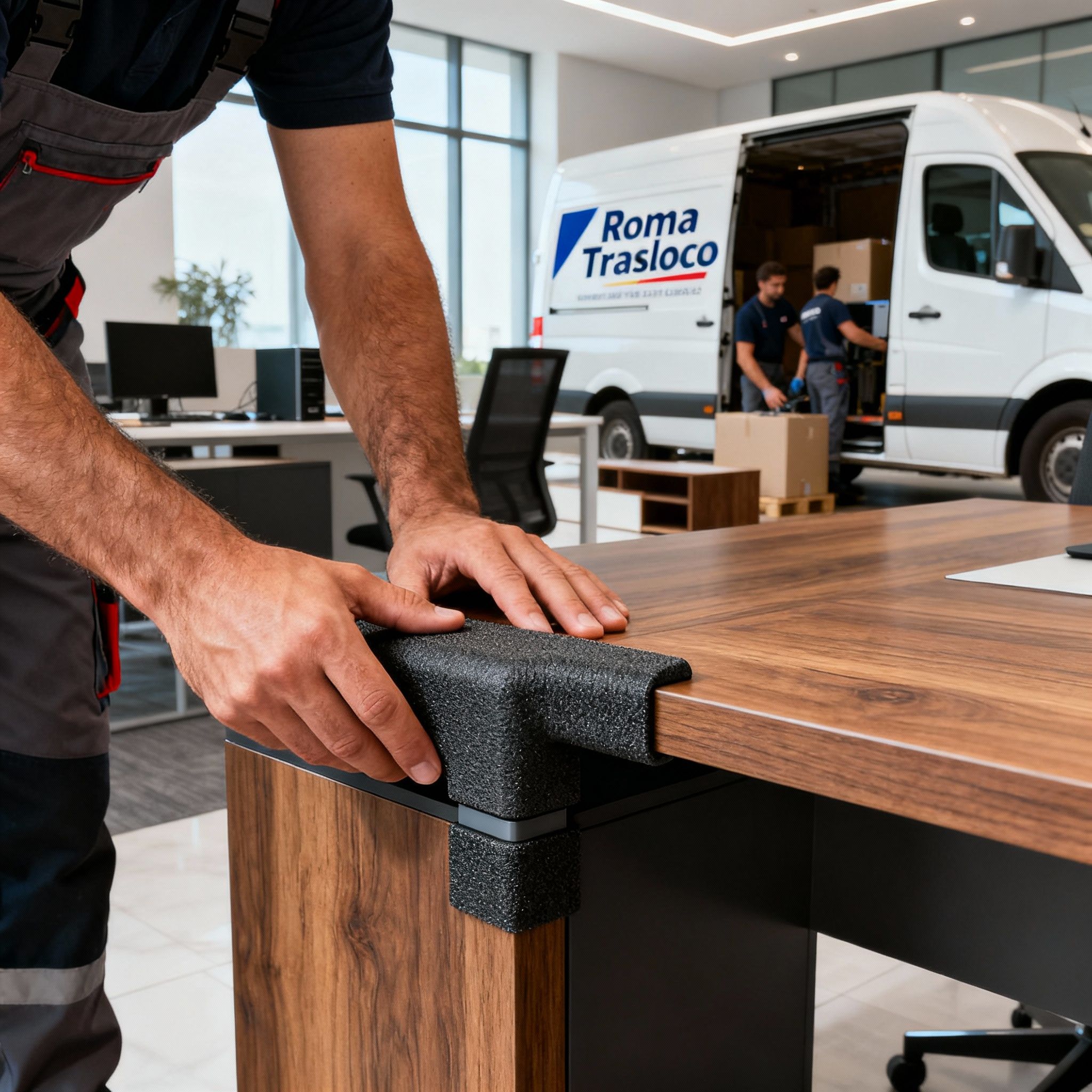 Sgombri Uffici Roma - Dettaglio di un operatore che applica protezioni professionali su un angolo di una scrivania per ufficio.