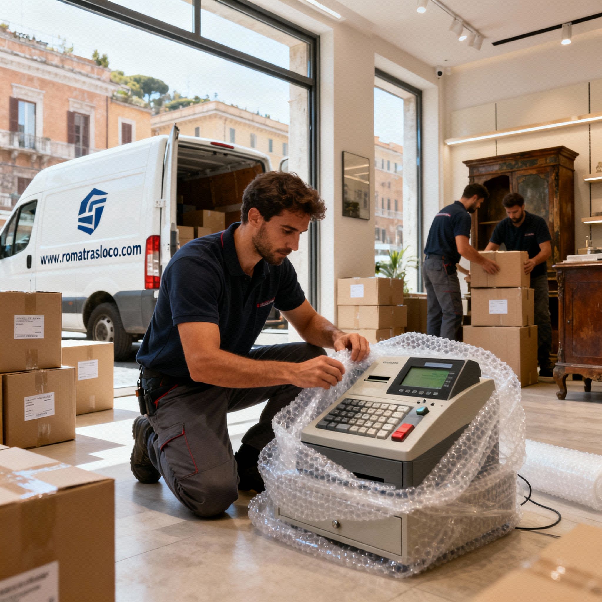 Sgombri negozi Roma - Squadra di traslocatori professionisti carica furgone brandizzato in una via del centro storico.